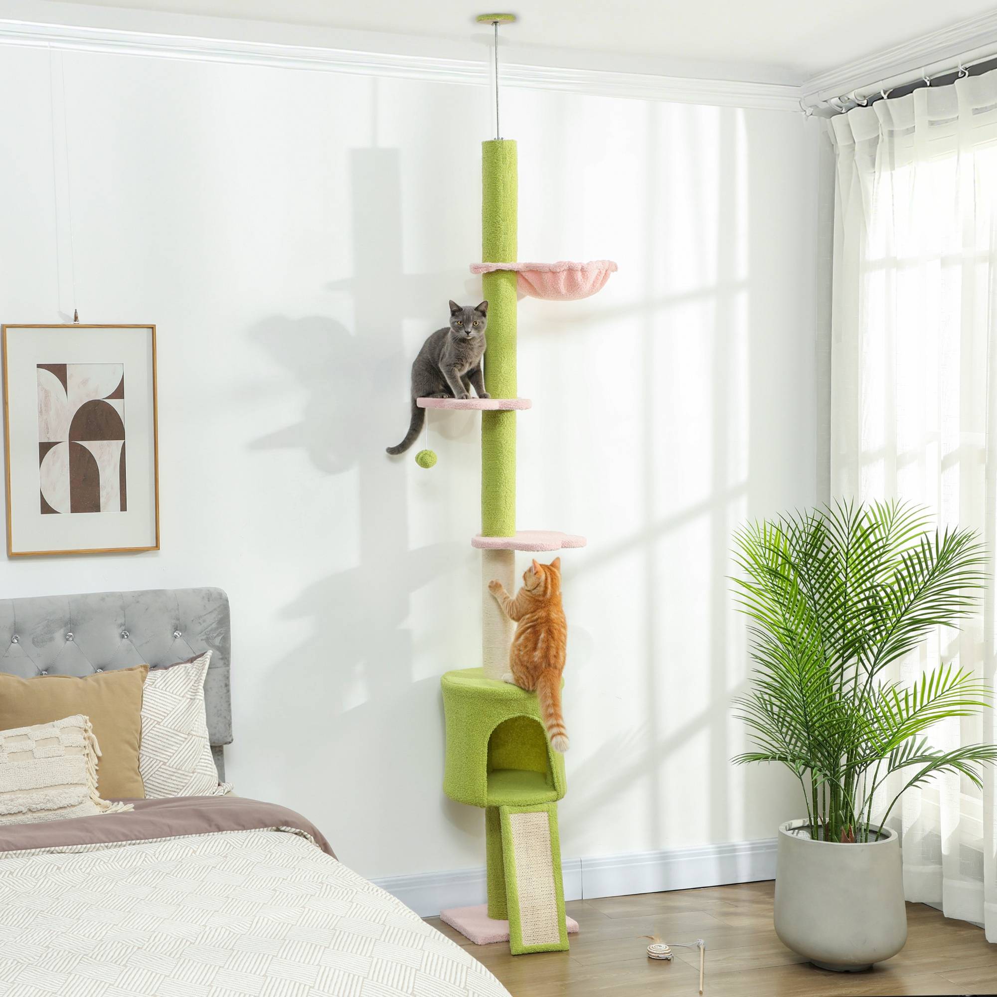 Sans Marque - Arbre à chat du sol au plafond 5 niveaux hauteur réglable 220-240 cm plateformes fleur avec griffoir niche hamac vert - Image 4