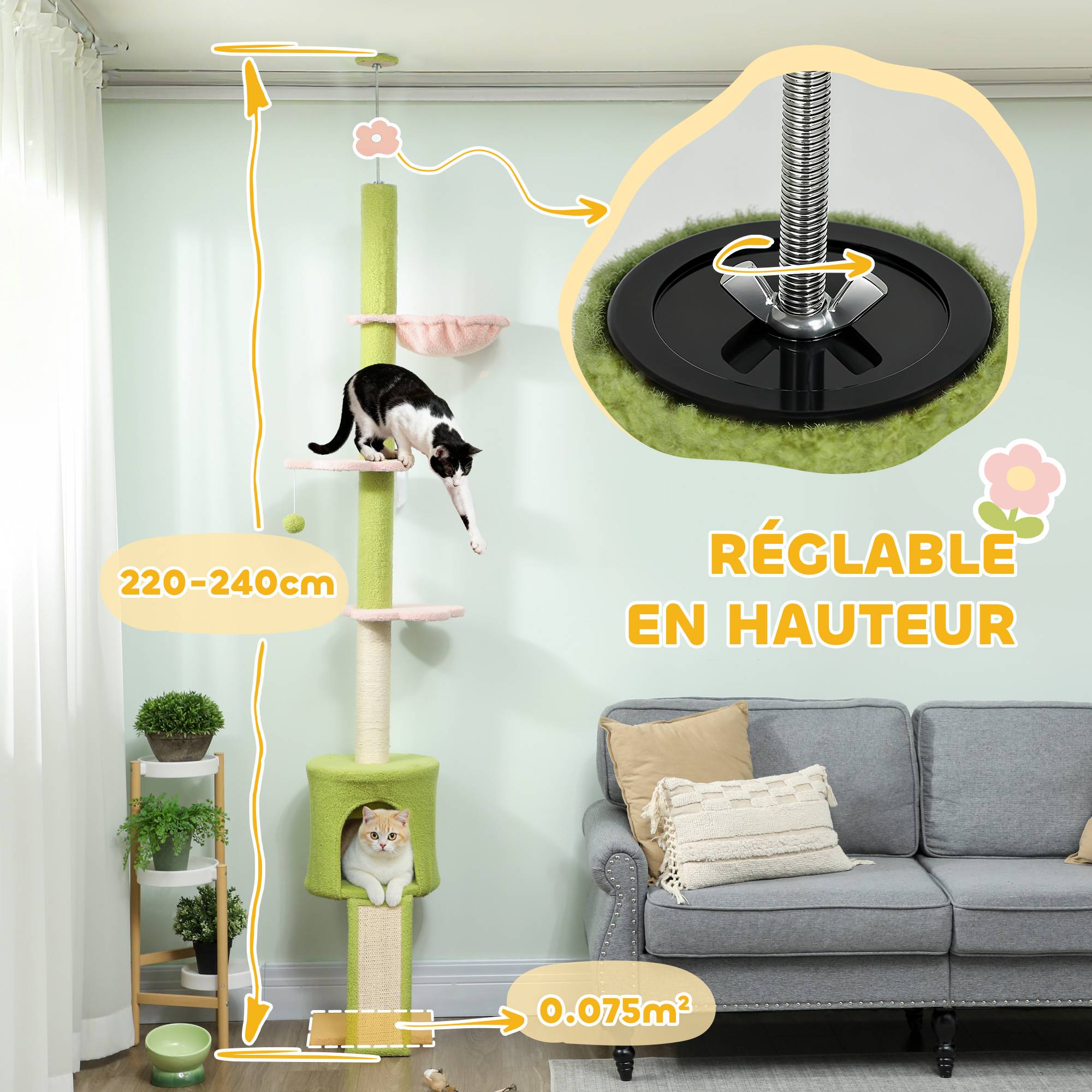 Sans Marque - Arbre à chat du sol au plafond 5 niveaux hauteur réglable 220-240 cm plateformes fleur avec griffoir niche hamac vert - Image 6
