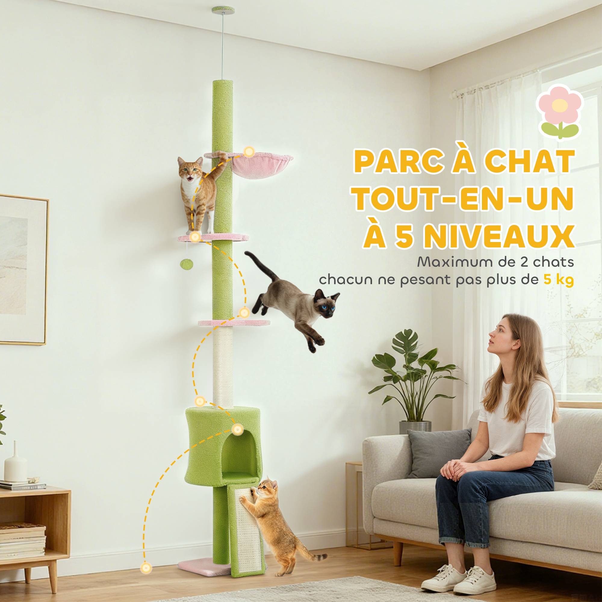 Sans Marque - Arbre à chat du sol au plafond 5 niveaux hauteur réglable 220-240 cm plateformes fleur avec griffoir niche hamac vert - Image 8