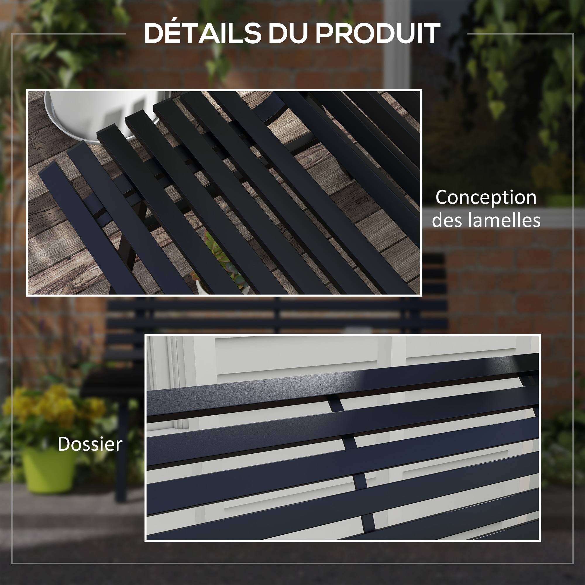 Banc de jardin extérieur 2 Places Assise Dossier à Lattes, en aluminium, dim. 123L x 67l x 79H cm, noir - Image 8
