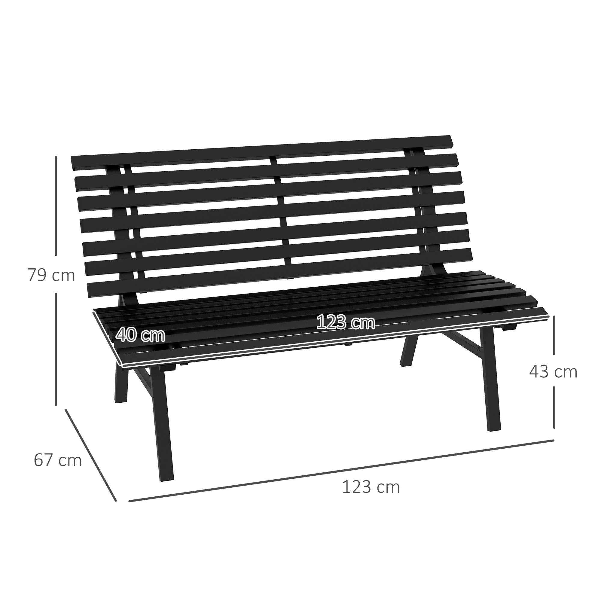 Banc de jardin extérieur 2 Places Assise Dossier à Lattes, en aluminium, dim. 123L x 67l x 79H cm, noir - Image 5