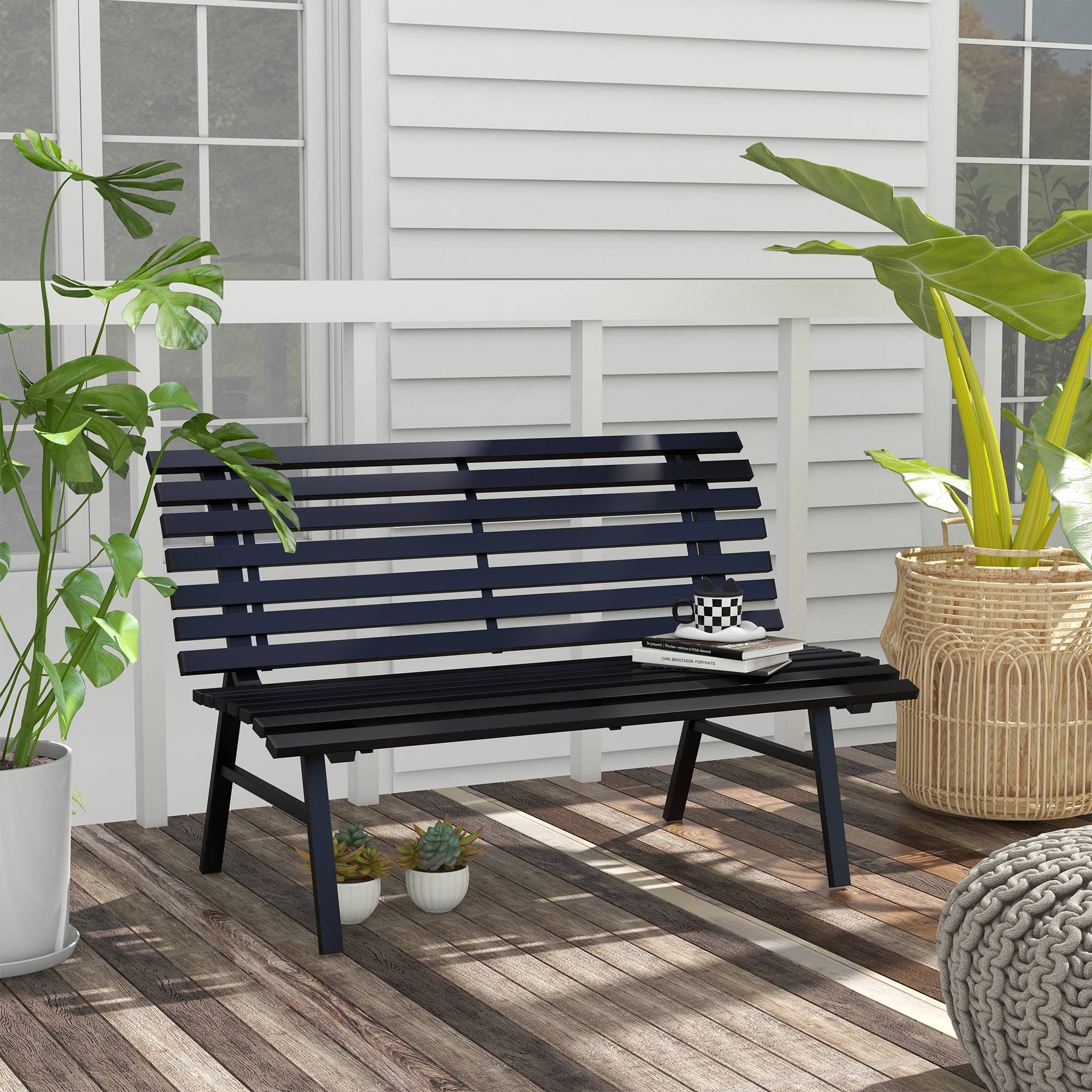 Banc de jardin extérieur 2 Places Assise Dossier à Lattes, en aluminium, dim. 123L x 67l x 79H cm, noir - Image 4