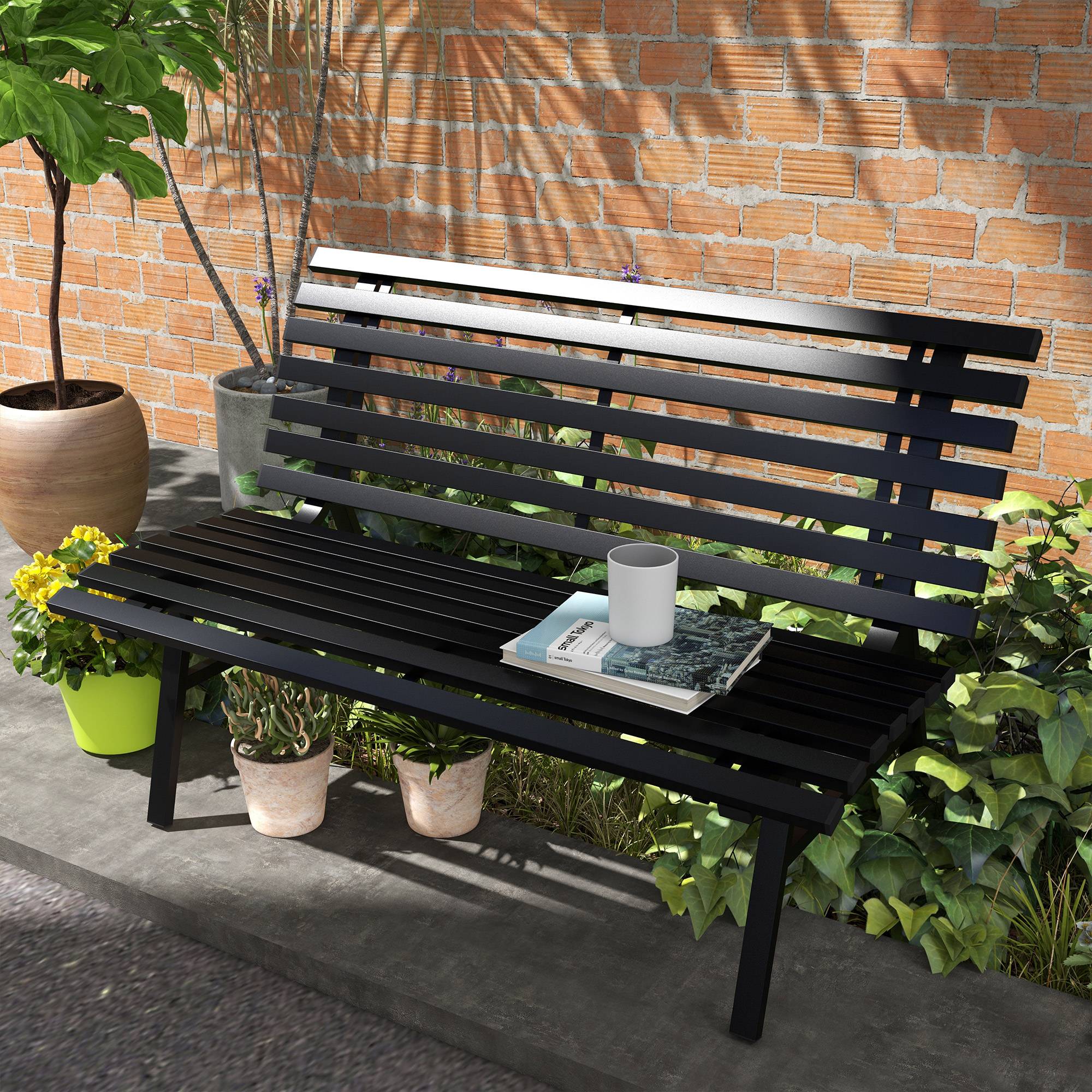 Banc de jardin extérieur 2 Places Assise Dossier à Lattes, en aluminium, dim. 123L x 67l x 79H cm, noir - Image 3