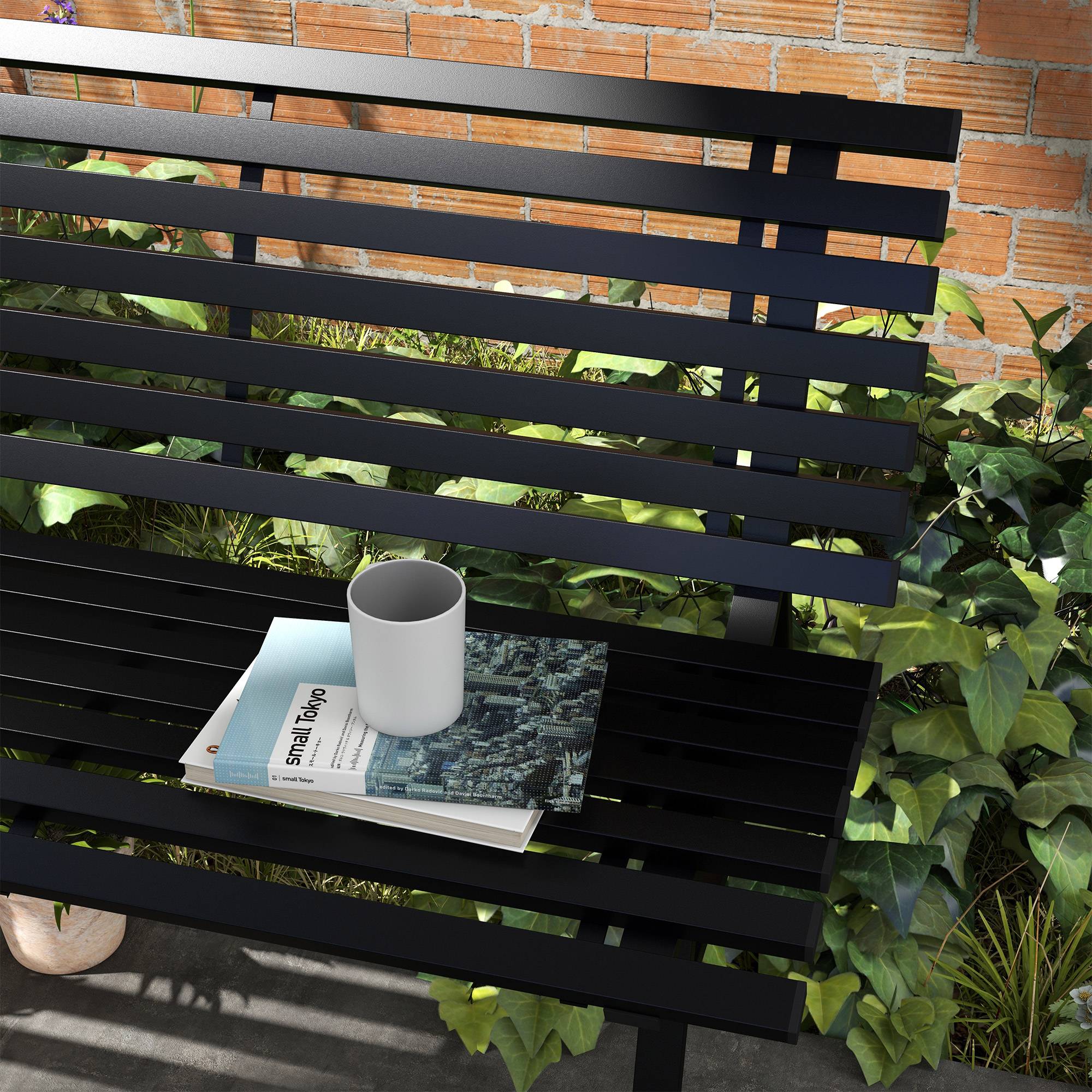 Banc de jardin extérieur 2 Places Assise Dossier à Lattes, en aluminium, dim. 123L x 67l x 79H cm, noir - Image 9