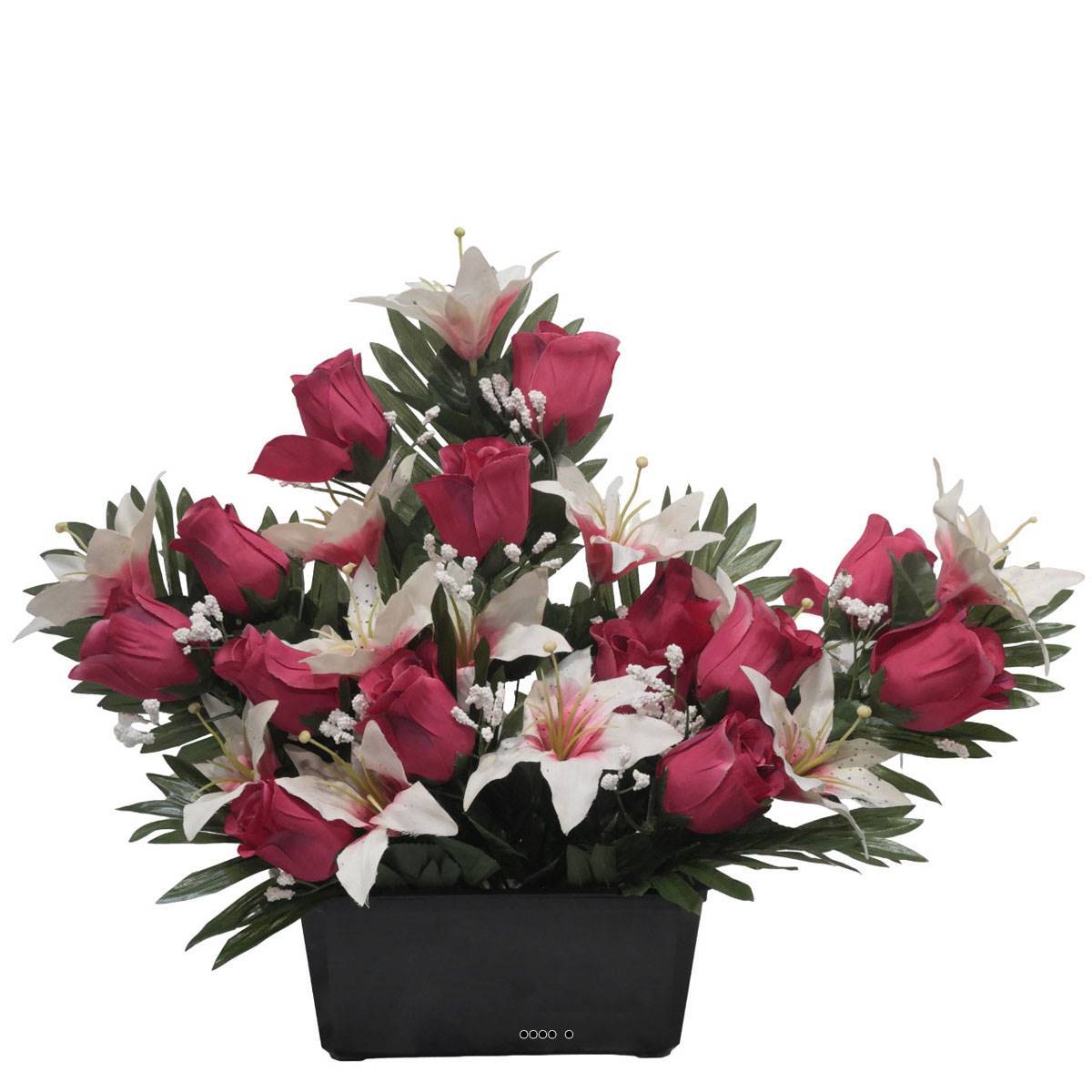 Devant de tombe de Rose et Lys tigré Rose fushia artificiels pour la Toussaint - couleur: Rose fushia 730 - Image 2