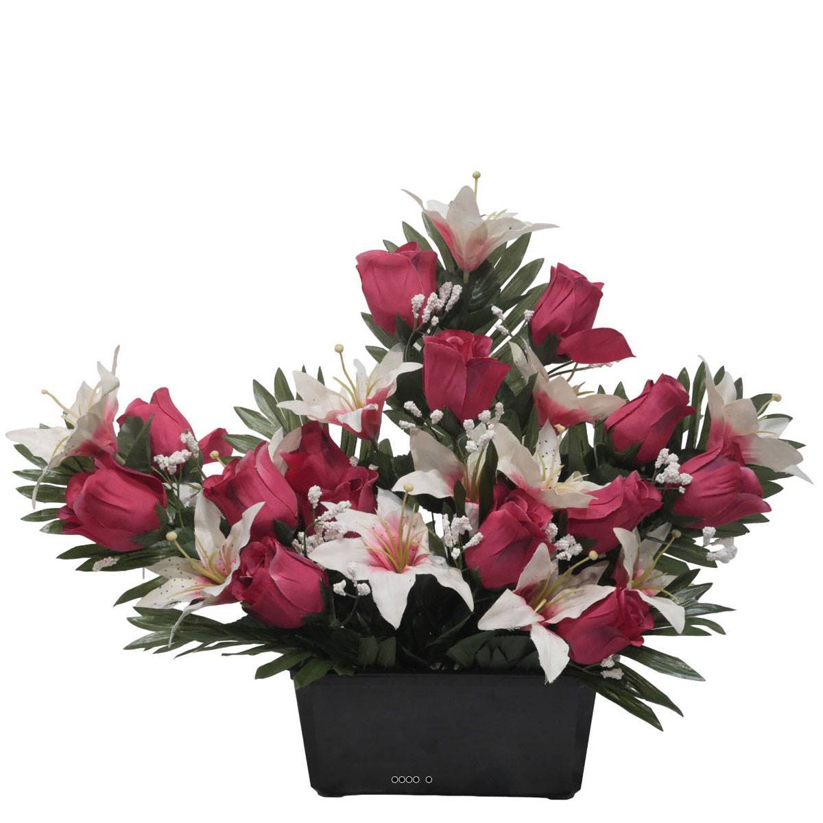 Devant de tombe de Rose et Lys tigré Rose fushia artificiels pour la Toussaint - couleur: Rose fushia 730 - Image 1