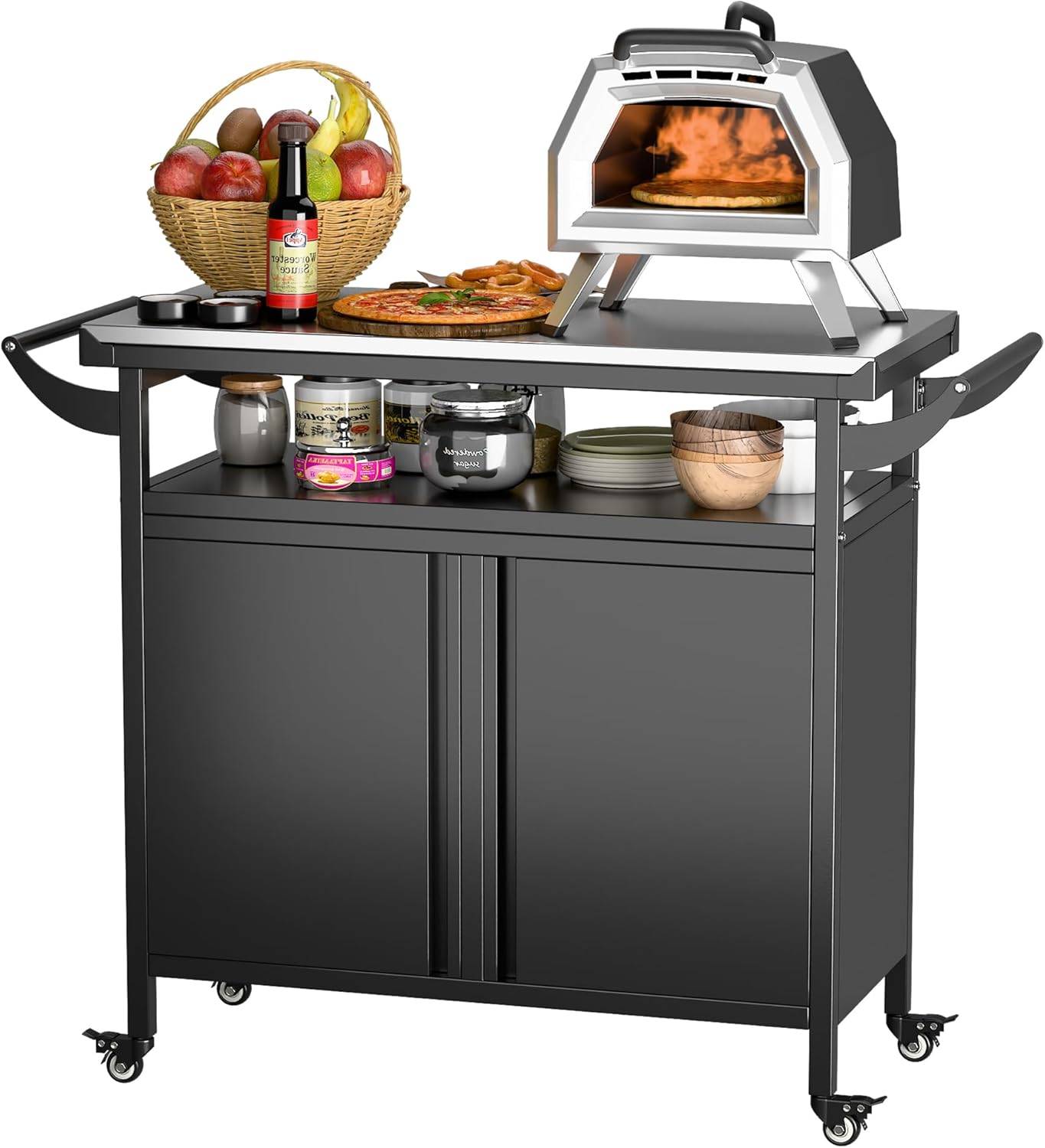 Chariot barbecue SUPER avec table à pizza et 4 roues