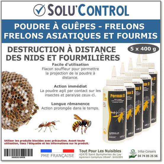 Permax D - Poudre Insecticide guêpes - frelons dont asiatique, fourmis, fourmilières - 5 Flacons souffleurs de 400 g