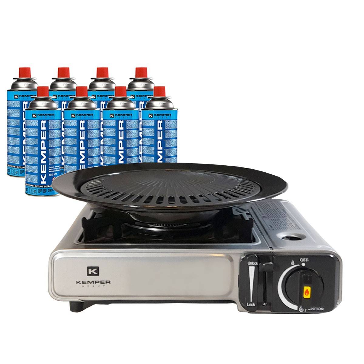 Barbecue gaz Grill 2en1 Réchaud gaz piézo 2200 W + 8 cartouches gaz butane KEMPER - Image 1