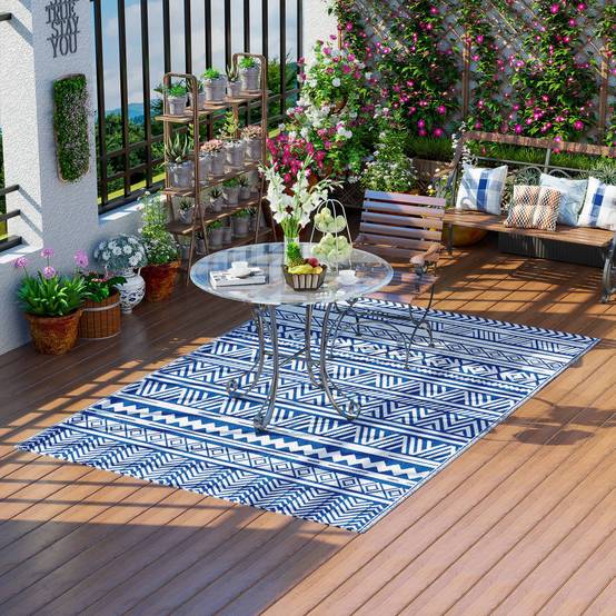 Tapis extérieur réversible Polypropylène Jardin terrasse Motif 182x274cm Bleu - ComfortXL Outdoor Living - Image 4