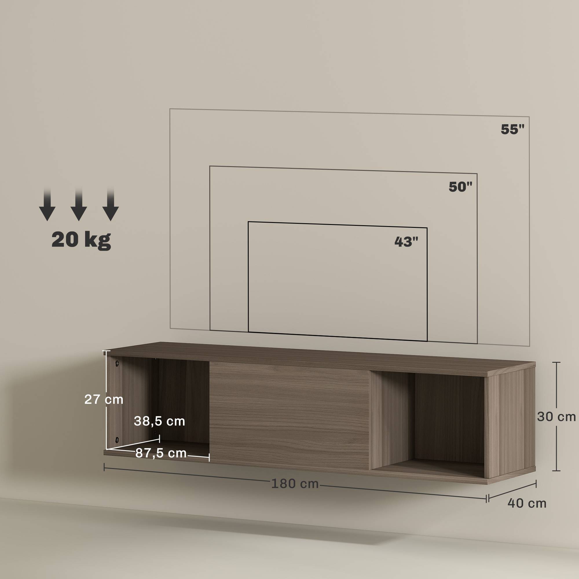 Sans Marque - Meuble TV suspendu, Armoire murale avec 2 compartiments ouverts et porte rabattable, 120 x 30 x 29,5 cm, marron - Image 5