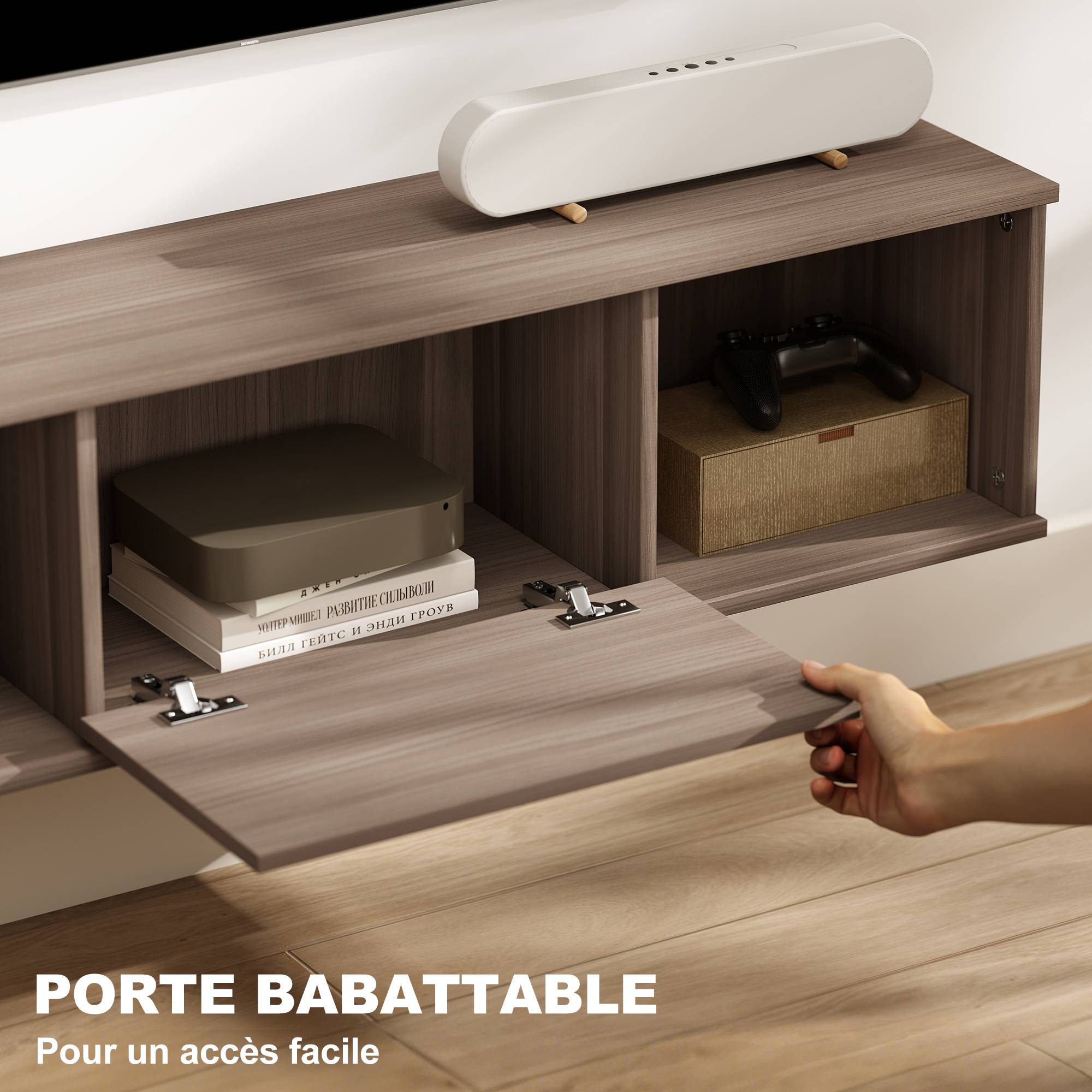 Sans Marque - Meuble TV suspendu, Armoire murale avec 2 compartiments ouverts et porte rabattable, 120 x 30 x 29,5 cm, marron - Image 7