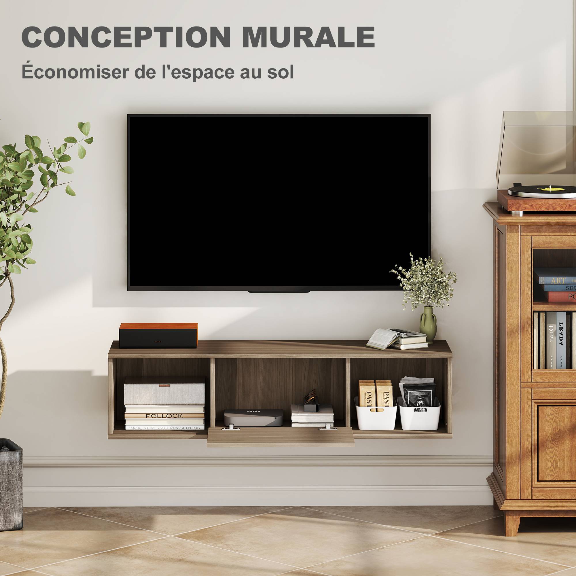 Sans Marque - Meuble TV suspendu, Armoire murale avec 2 compartiments ouverts et porte rabattable, 120 x 30 x 29,5 cm, marron - Image 8