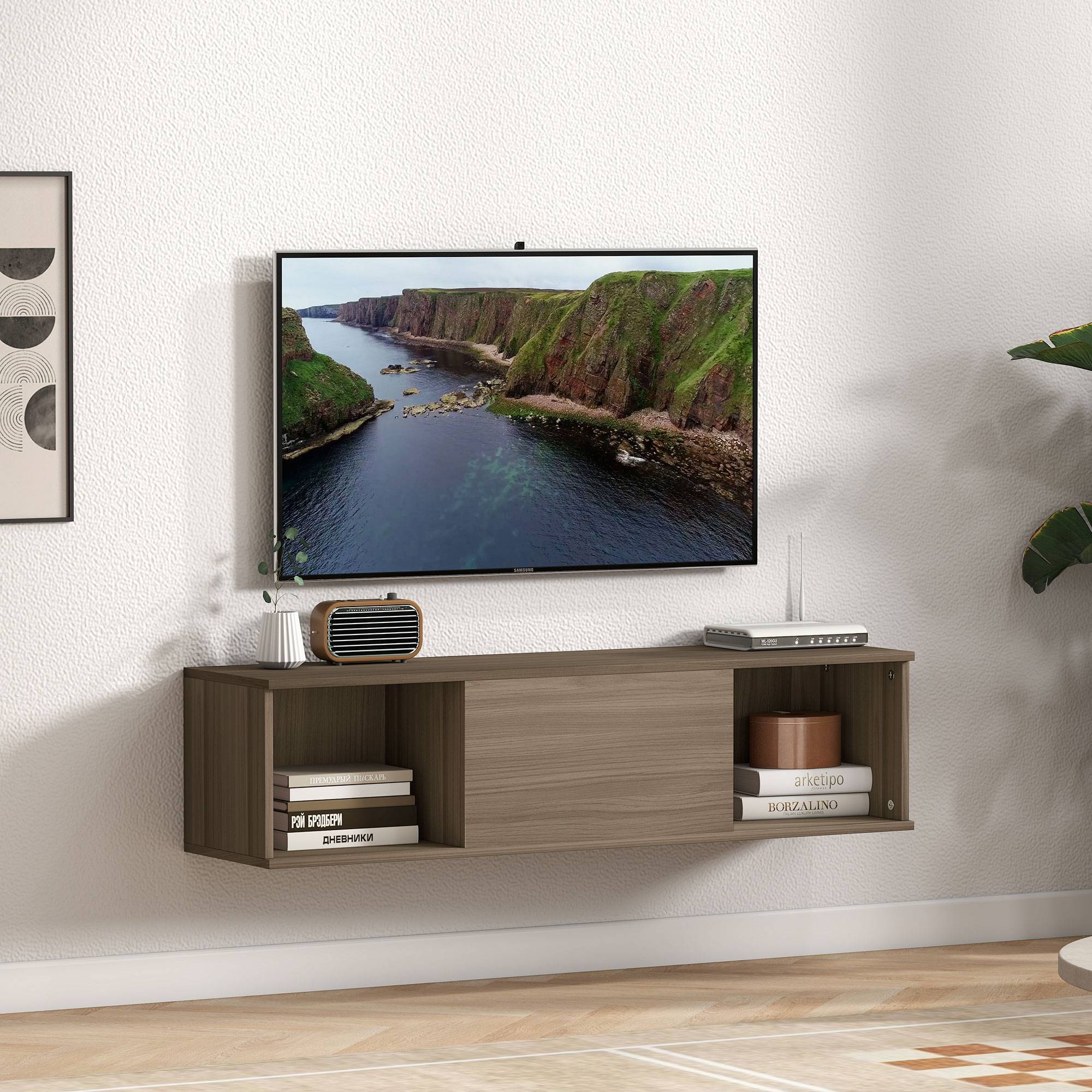 Sans Marque - Meuble TV suspendu, Armoire murale avec 2 compartiments ouverts et porte rabattable, 120 x 30 x 29,5 cm, marron - Image 3