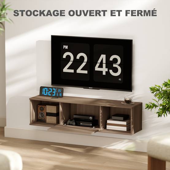 Sans Marque - Meuble TV suspendu, Armoire murale avec 2 compartiments ouverts et porte rabattable, 120 x 30 x 29,5 cm, marron - Image 6