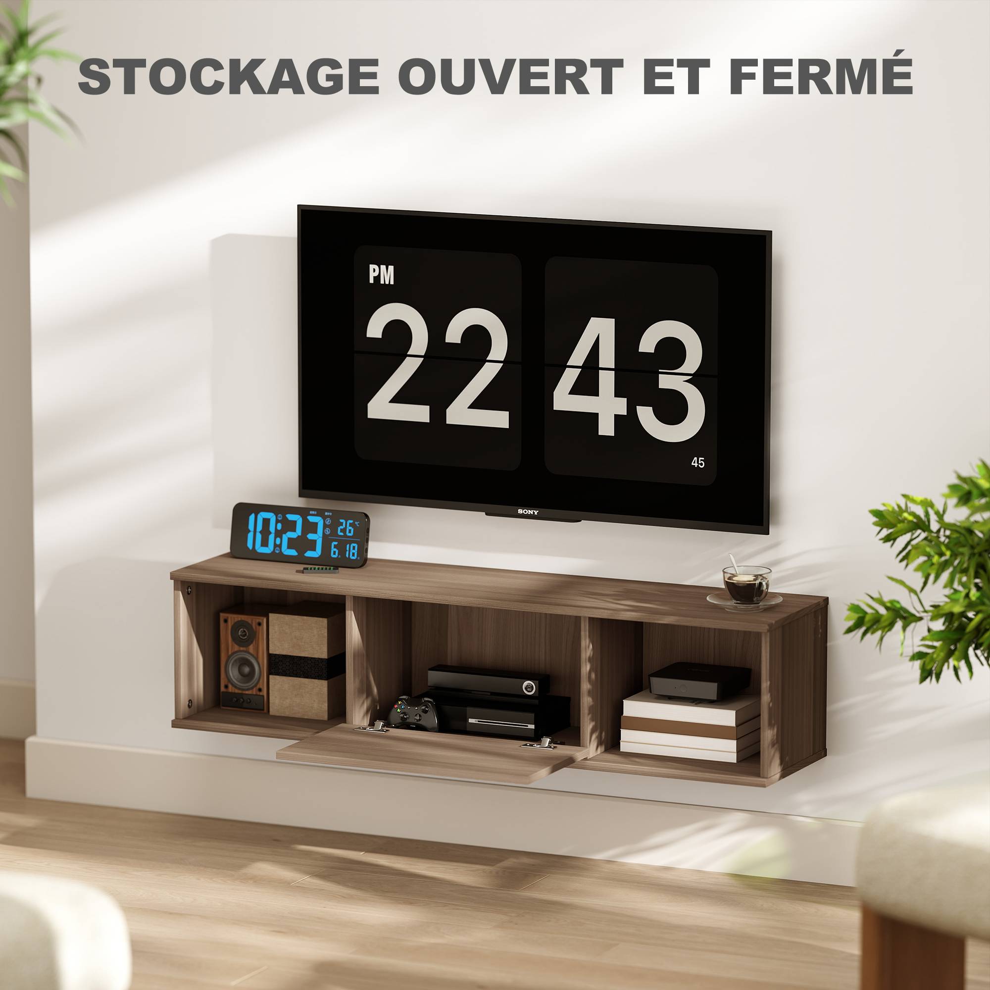 Sans Marque - Meuble TV suspendu, Armoire murale avec 2 compartiments ouverts et porte rabattable, 120 x 30 x 29,5 cm, marron - Image 6