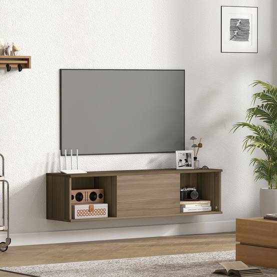 Sans Marque - Meuble TV suspendu, Armoire murale avec 2 compartiments ouverts et porte rabattable, 120 x 30 x 29,5 cm, marron - Image 4