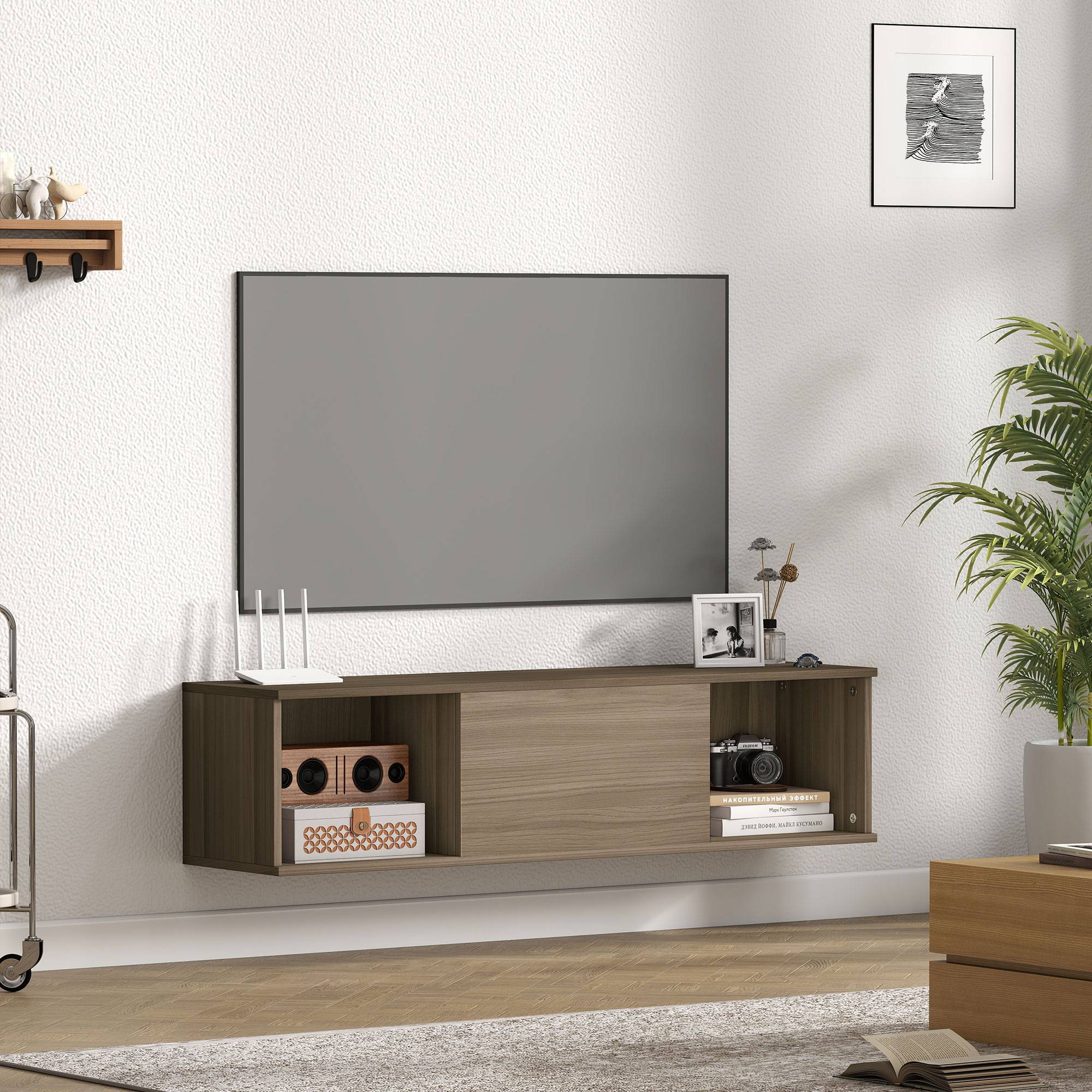 Sans Marque - Meuble TV suspendu, Armoire murale avec 2 compartiments ouverts et porte rabattable, 120 x 30 x 29,5 cm, marron - Image 4