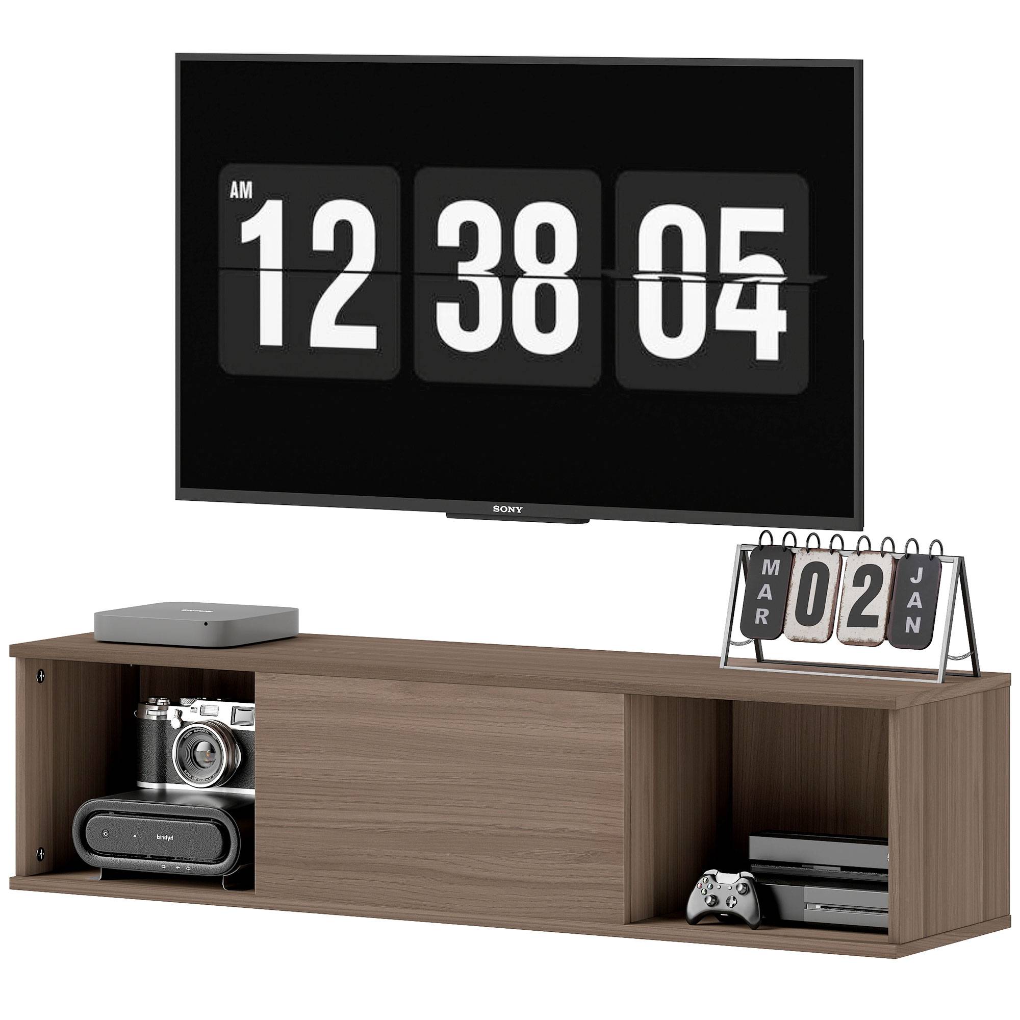 Sans Marque - Meuble TV suspendu, Armoire murale avec 2 compartiments ouverts et porte rabattable, 120 x 30 x 29,5 cm, marron - Image 2