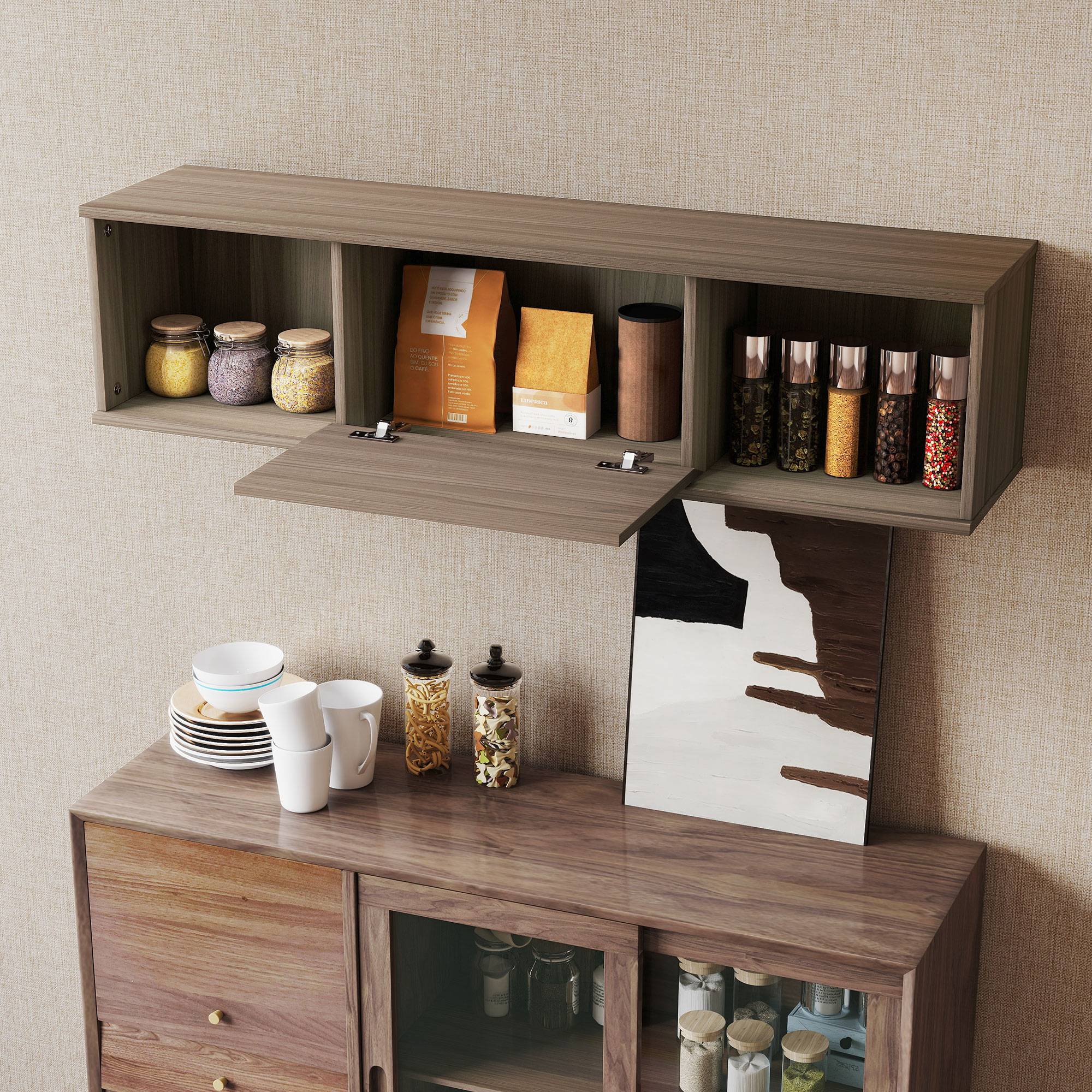 Sans Marque - Meuble TV suspendu, Armoire murale avec 2 compartiments ouverts et porte rabattable, 120 x 30 x 29,5 cm, marron - Image 9