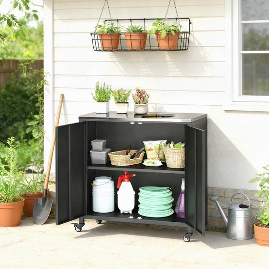 Outsunny - Armoire de jardin Toit en Acier Inoxydable, Roulettes, Étagère Amovible - Métal - 80 x 50 x 90 cm - Noir - Outsunny - Image 4