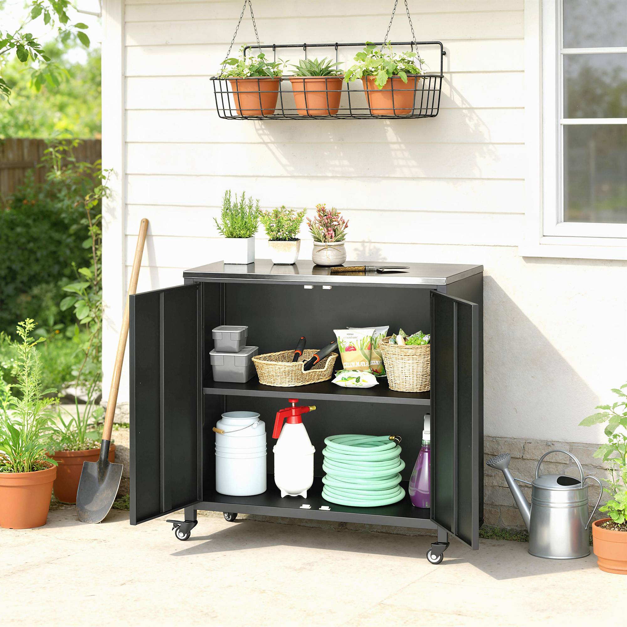 Outsunny - Armoire de jardin Toit en Acier Inoxydable, Roulettes, Étagère Amovible - Métal - 80 x 50 x 90 cm - Noir - Outsunny - Image 4