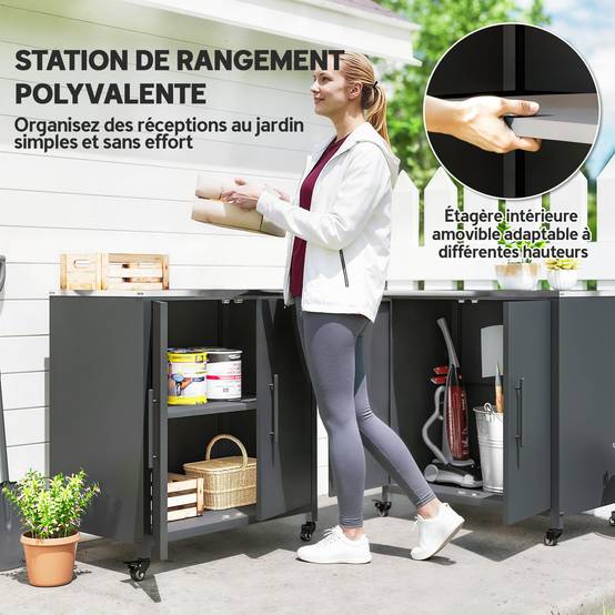 Outsunny - Armoire de jardin Toit en Acier Inoxydable, Roulettes, Étagère Amovible - Métal - 80 x 50 x 90 cm - Noir - Outsunny - Image 7