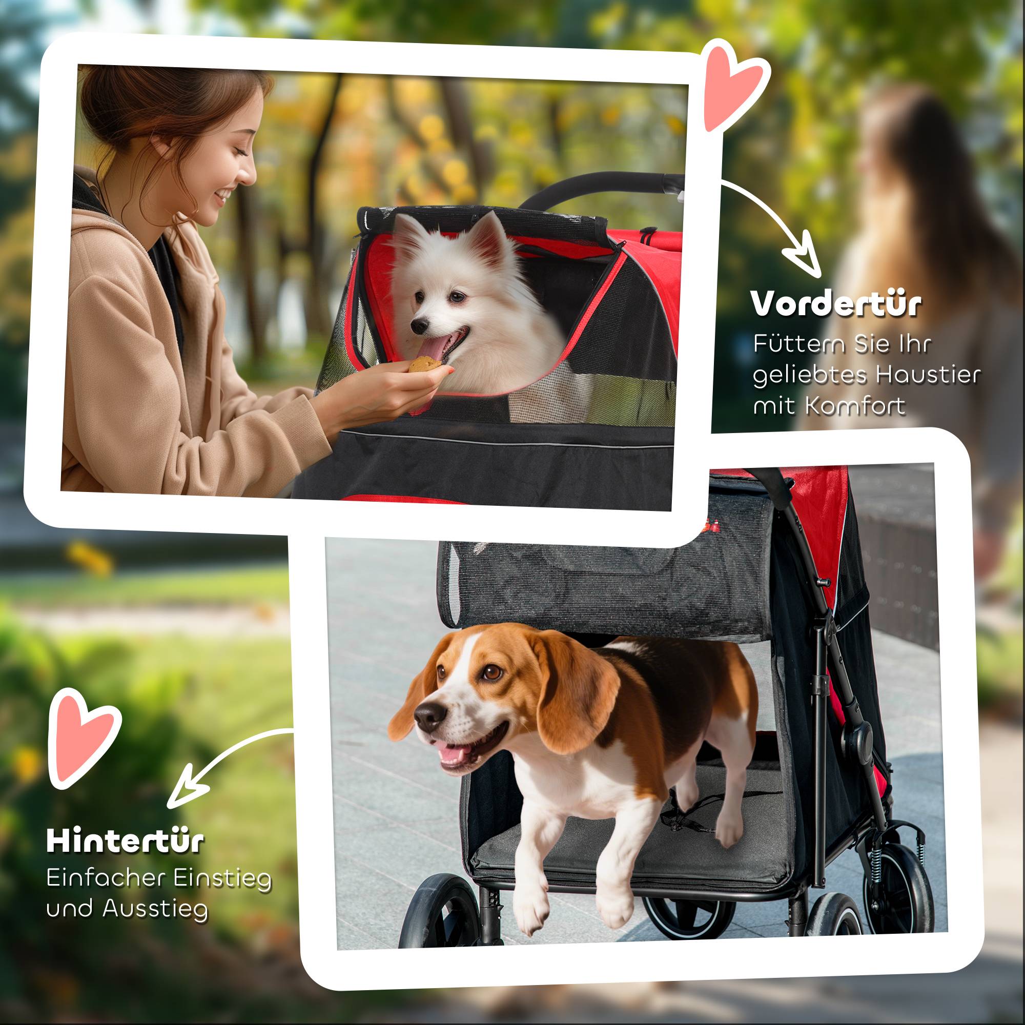ComfortXL - Poussette pour chien pliable en acier et tissu Oxford rouge 112 x 67 x 100 cm pliage 1 clic freins et 2 laisses - Image 7