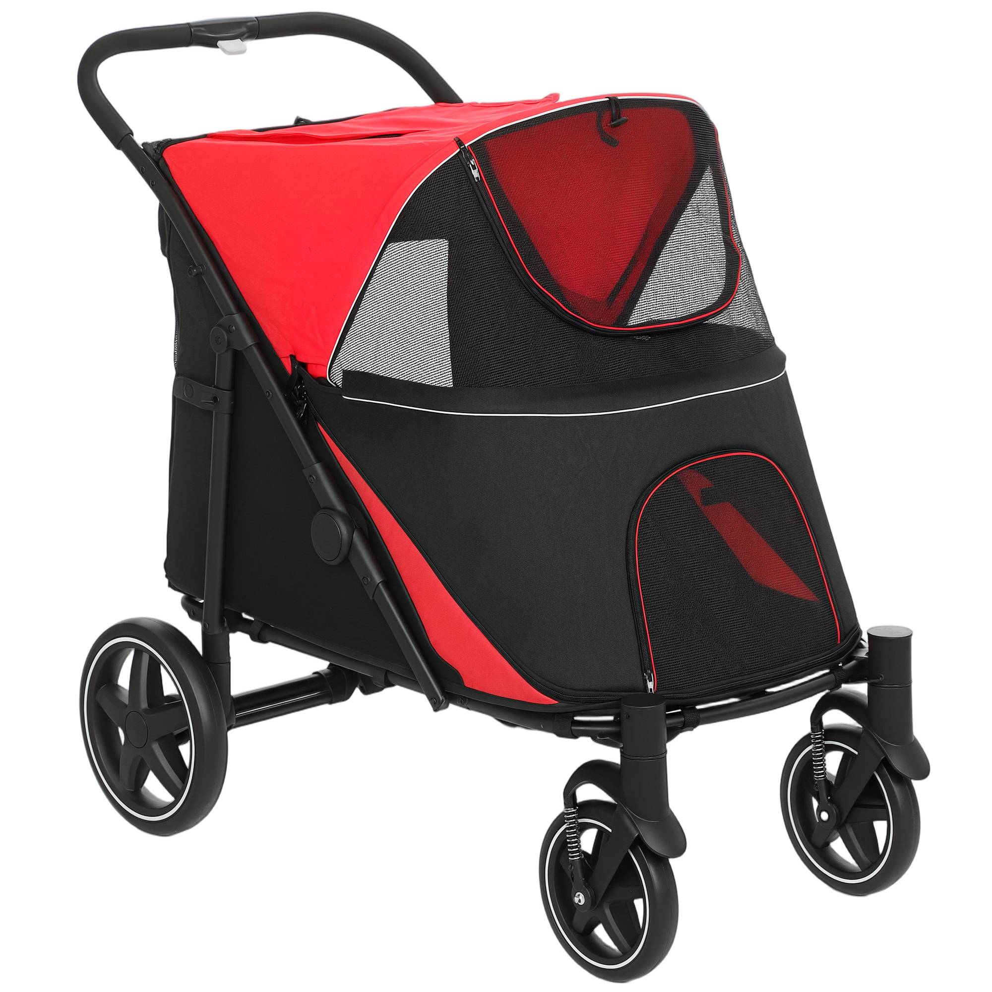 ComfortXL - Poussette pour chien pliable en acier et tissu Oxford rouge 112 x 67 x 100 cm pliage 1 clic freins et 2 laisses - Image 10