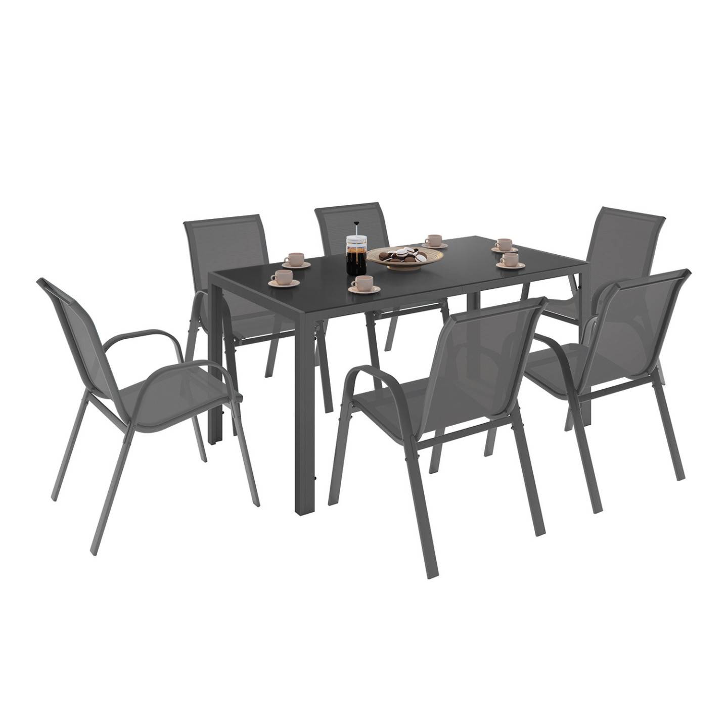 Salon de jardin MADRID table 150 CM et 6 chaises empilables gris anthracite - Image 2