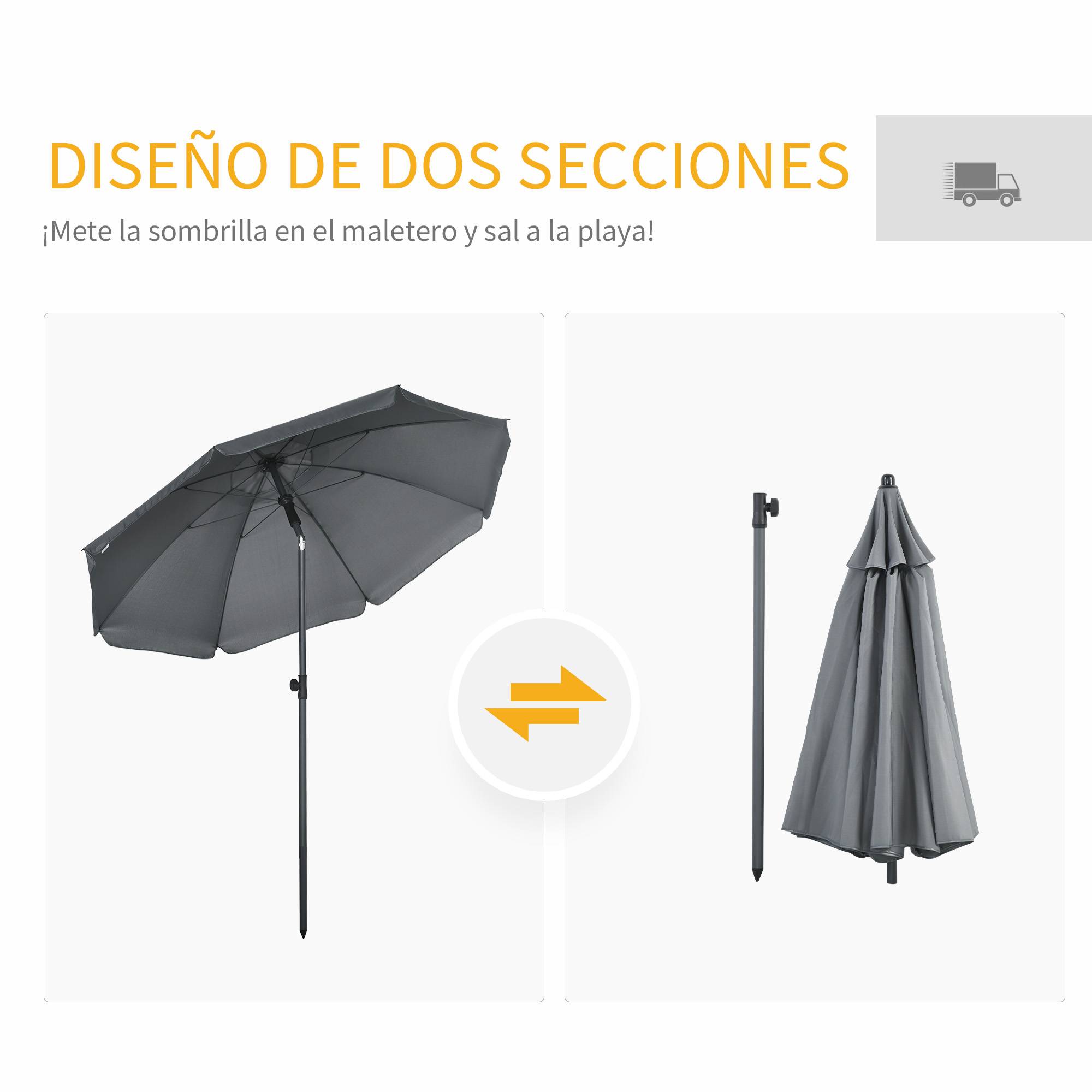 Parasol plage UV50+, mat Ø32 mm, toit ajustable Ø180x209 cm, gris fonce - Image 10