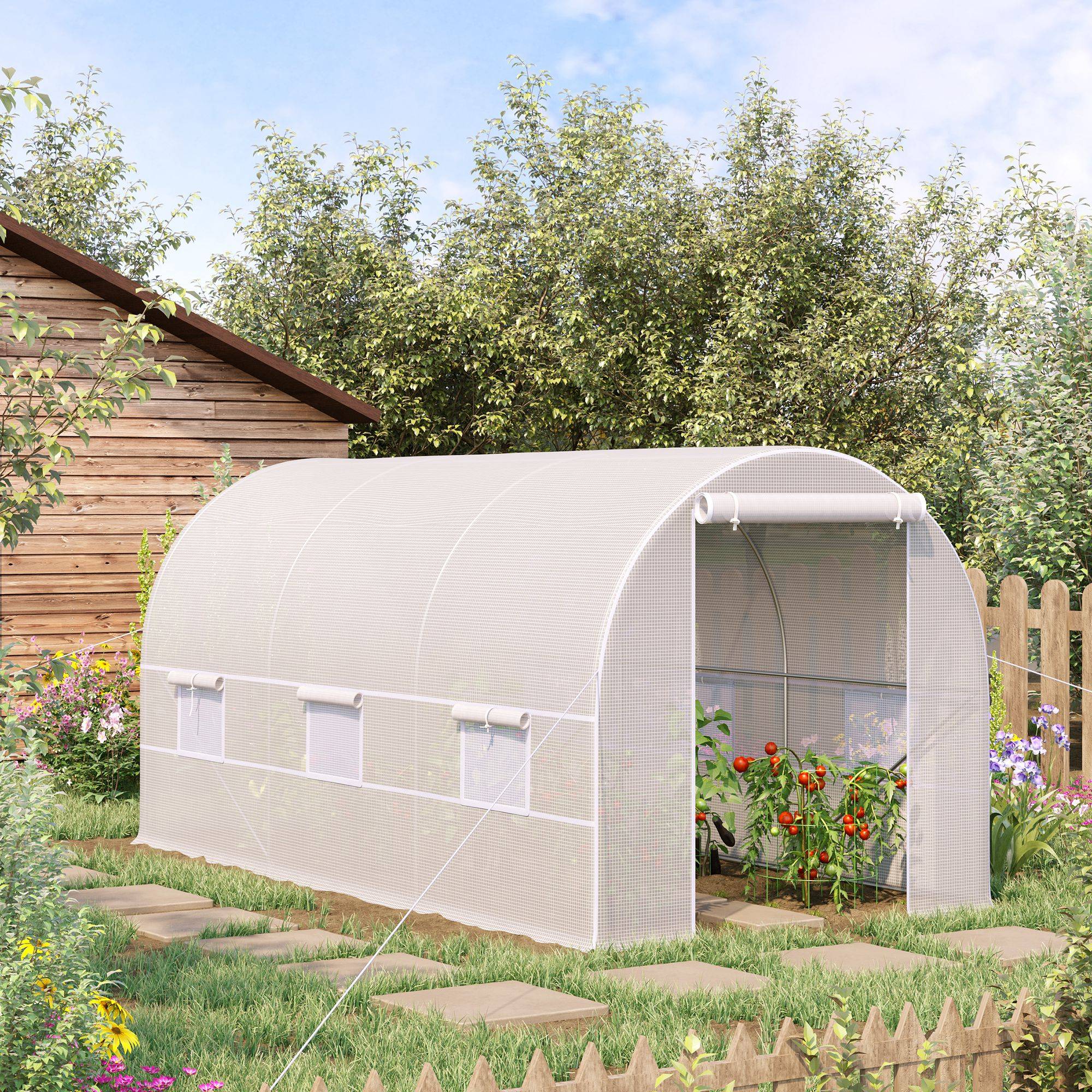 Sans Marque - Serre tunnel jardin 8 m² 400x200x200 cm PE 140 g/m² porte 6 fenêtres serre potager culture extérieure blanche - Image 4