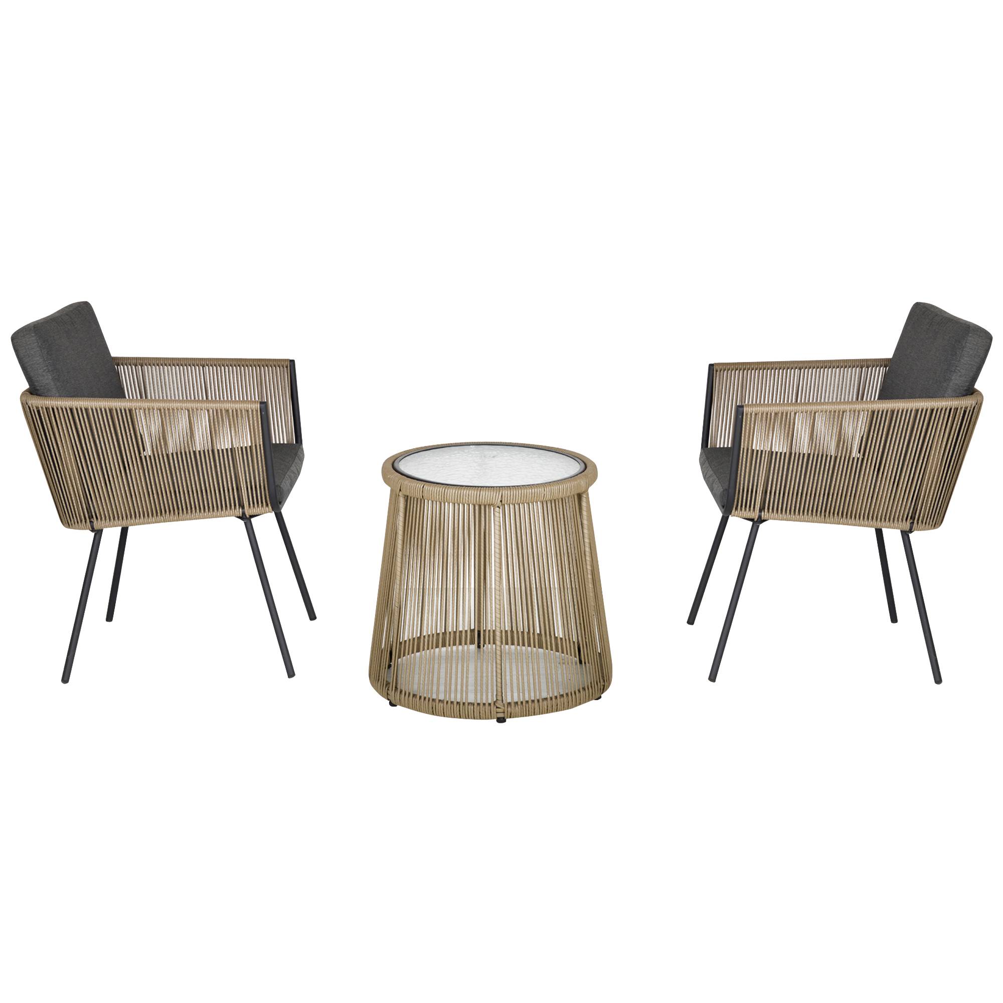 Ensemble 2 chaises et table d'extérieur en rotin PE style bohème, kaki et gris - Image 2