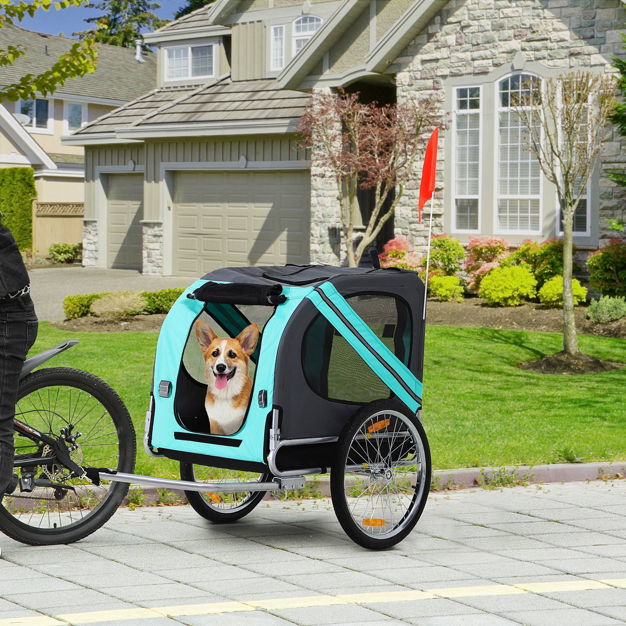 Remorque animal chien vélo pliable protection pluie acier gris+vert 130 x 73 x 90 cm - Image 4
