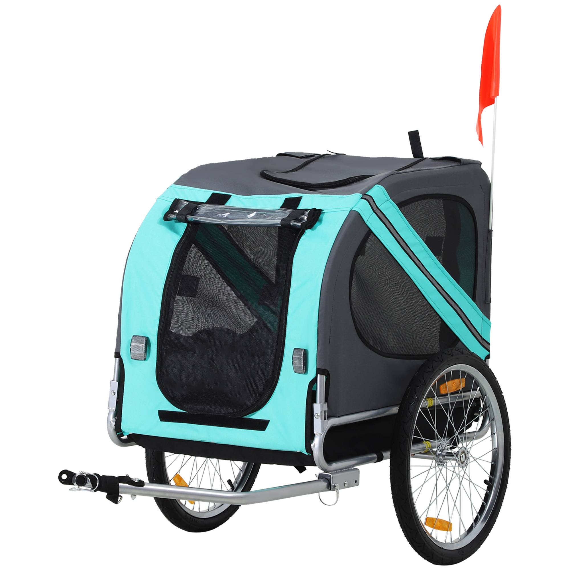 Remorque animal chien vélo pliable protection pluie acier gris+vert 130 x 73 x 90 cm - Image 2