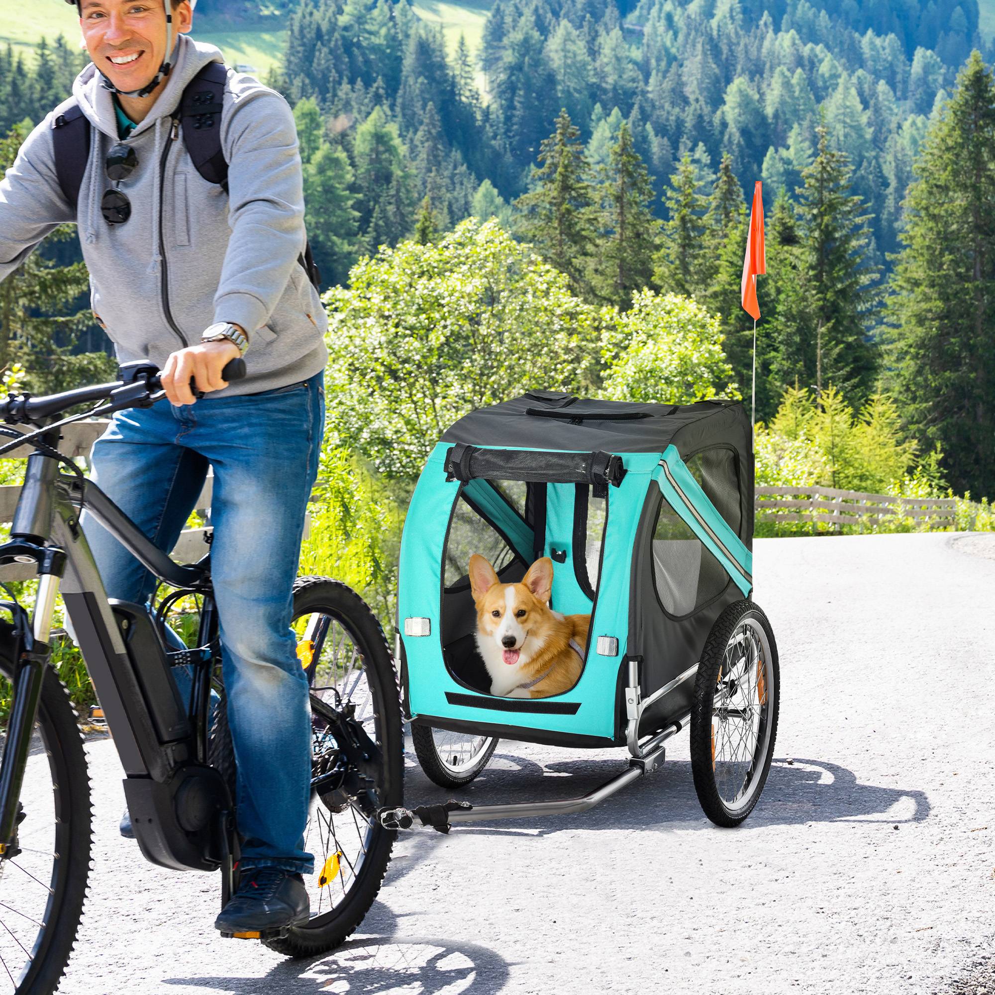 Remorque animal chien vélo pliable protection pluie acier gris+vert 130 x 73 x 90 cm - Image 3