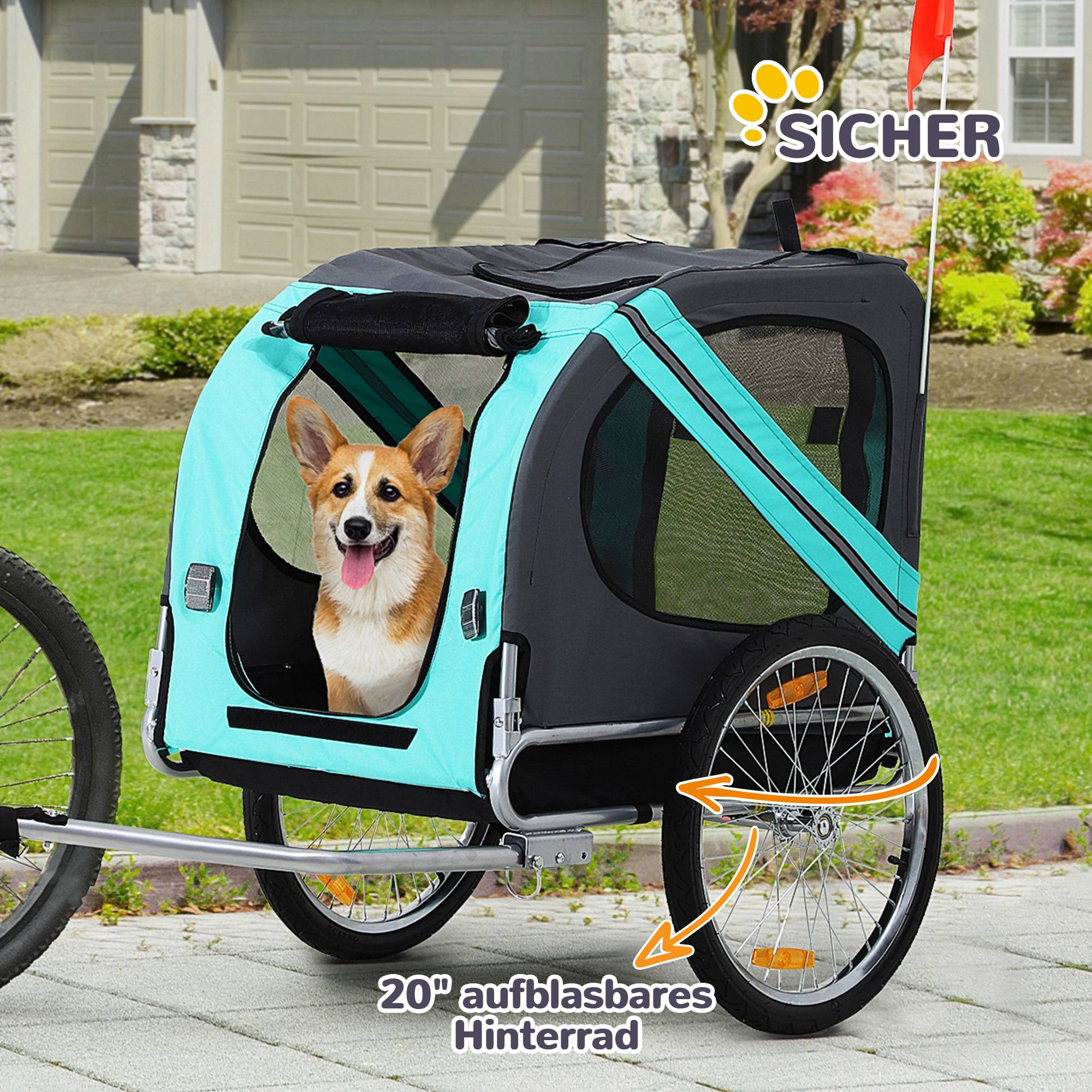 Remorque animal chien vélo pliable protection pluie acier gris+vert 130 x 73 x 90 cm - Image 9