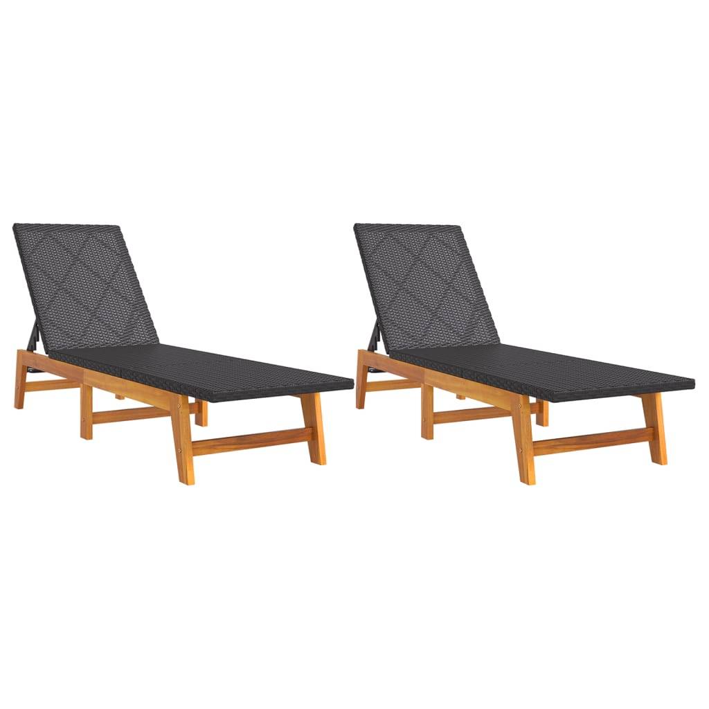 2 pcs Chaises longue | Transat | Bain de soleils noir/marron résine tressée/bois acacia - Image 1