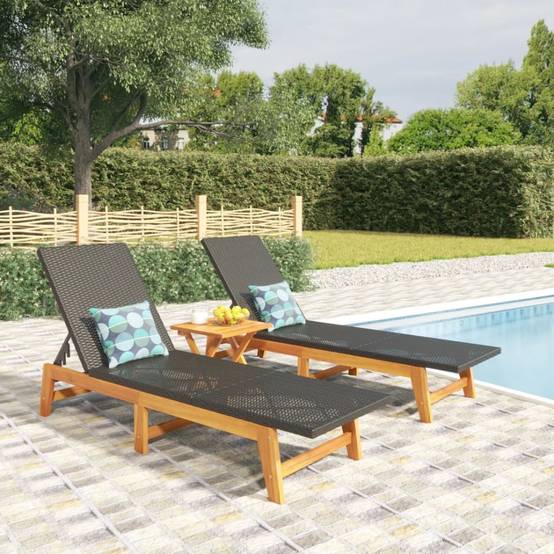 2 pcs Chaises longue | Transat | Bain de soleils noir/marron résine tressée/bois acacia - Image 2