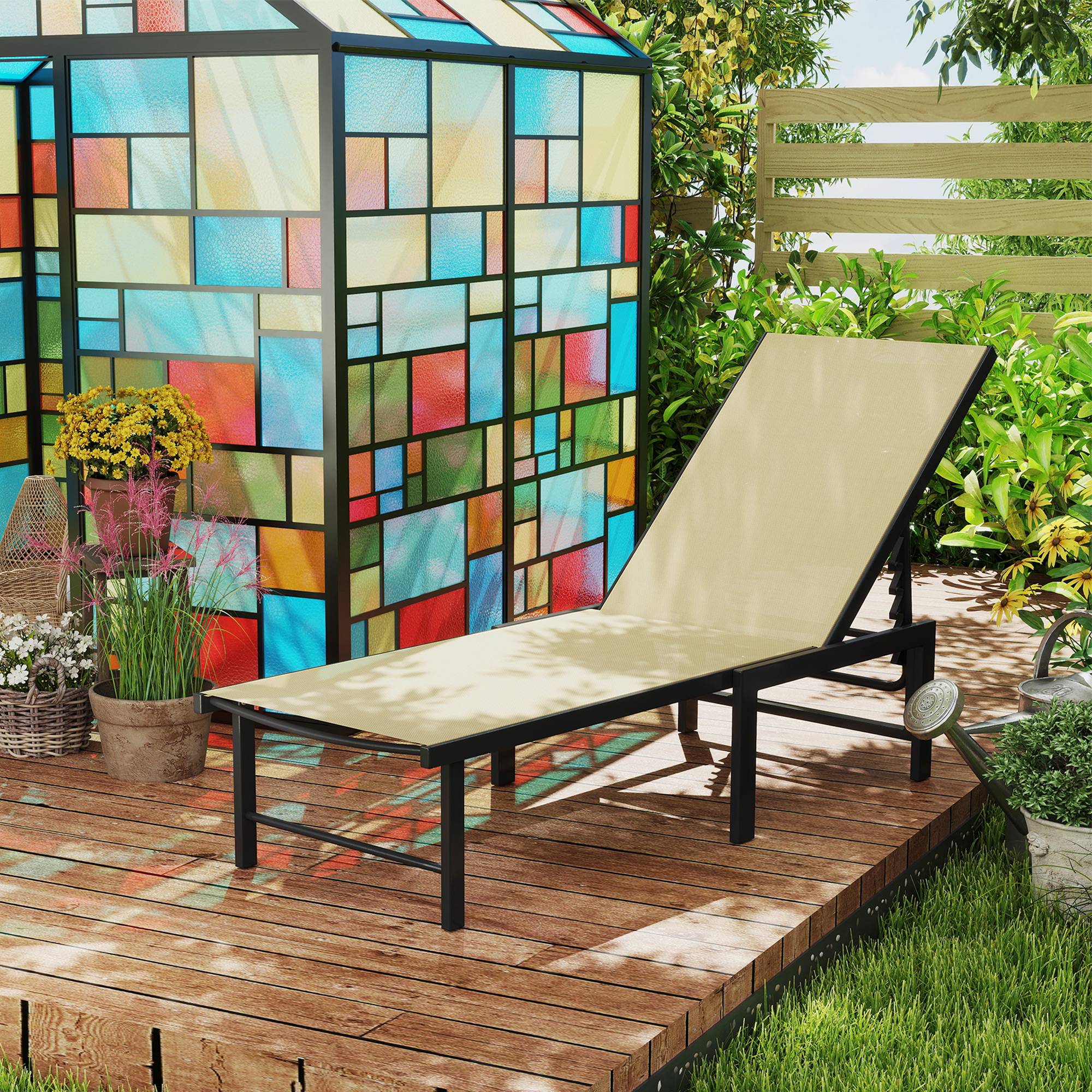 Chaise longue de jardin inclinable avec dossier réglable 4 positions et structure en acier 166 x 60 x 84 cm Kaki - Image 4