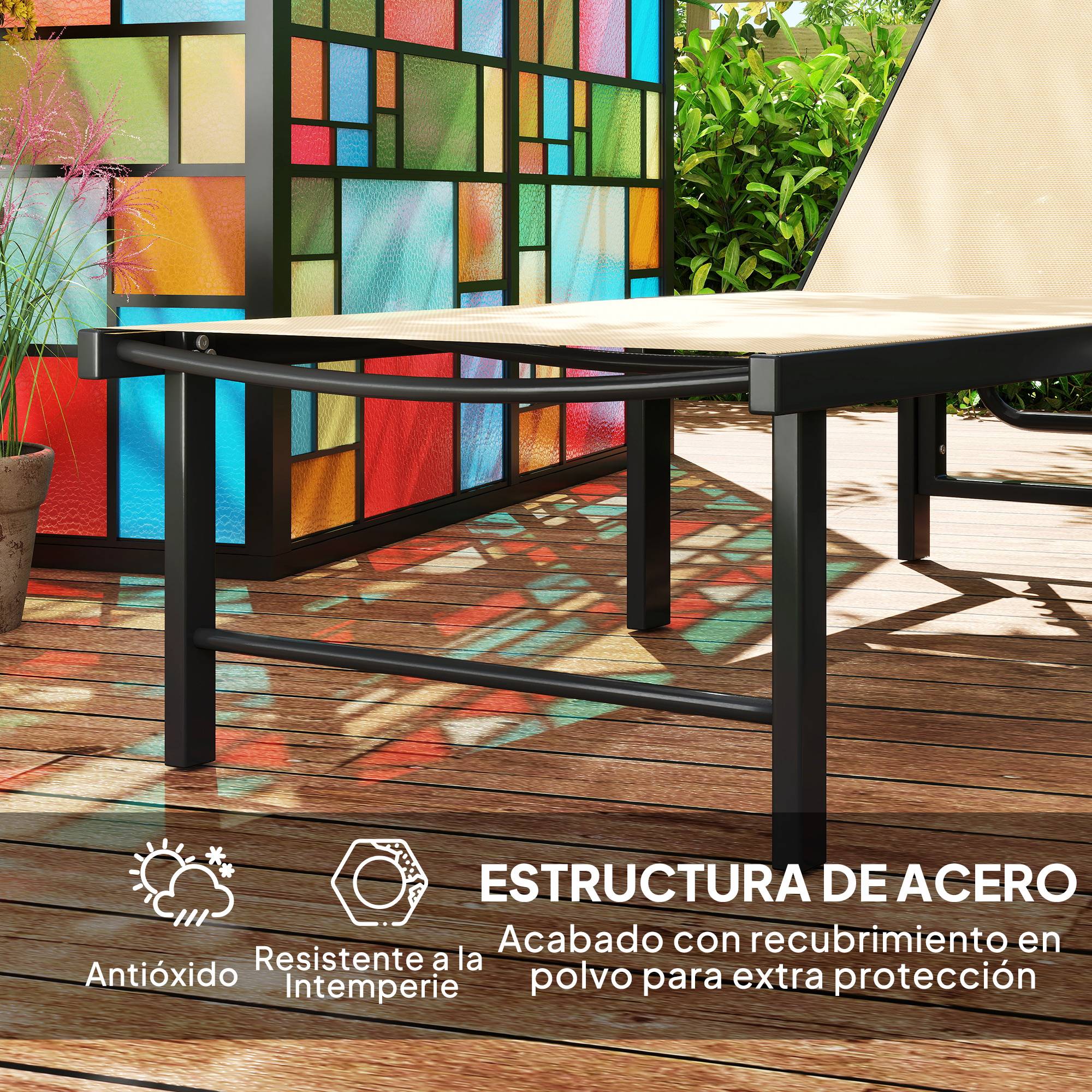 Chaise longue de jardin inclinable avec dossier réglable 4 positions et structure en acier 166 x 60 x 84 cm Kaki - Image 8