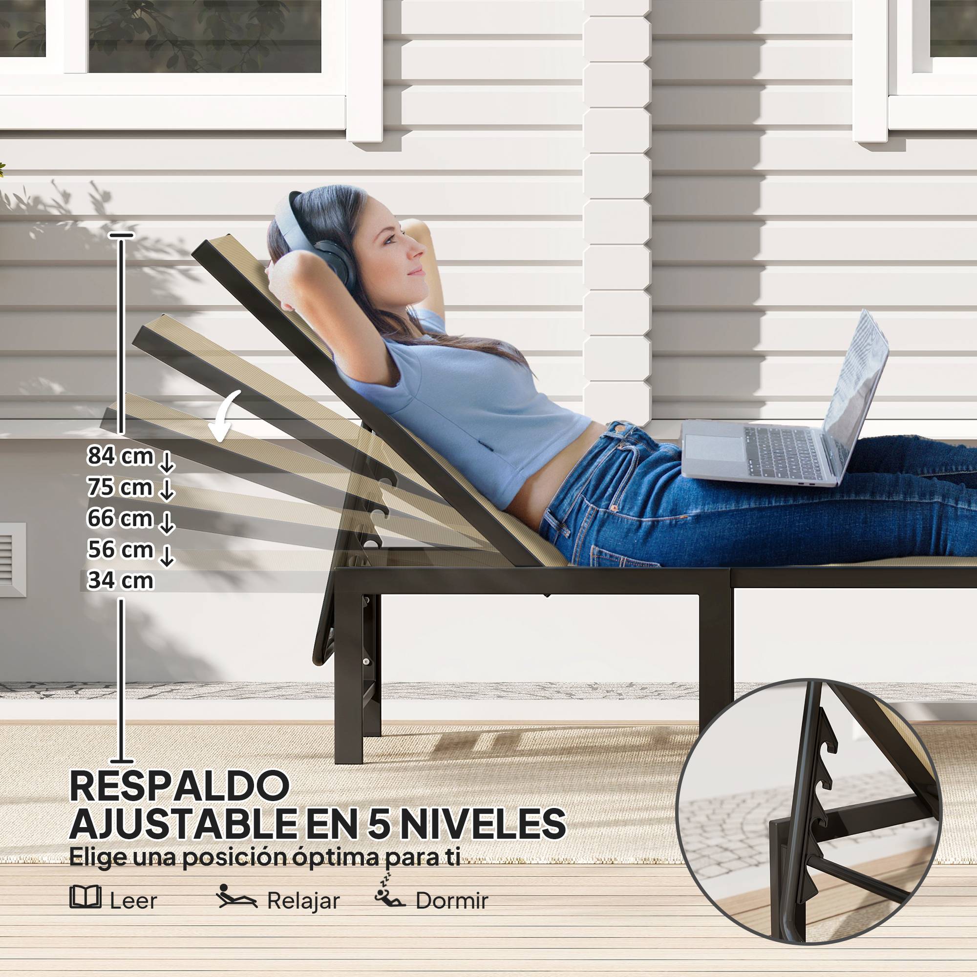 Chaise longue de jardin inclinable avec dossier réglable 4 positions et structure en acier 166 x 60 x 84 cm Kaki - Image 6