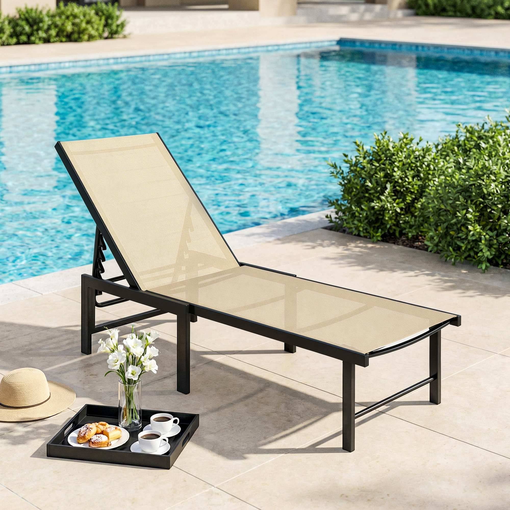Chaise longue de jardin inclinable avec dossier réglable 4 positions et structure en acier 166 x 60 x 84 cm Kaki - Image 3