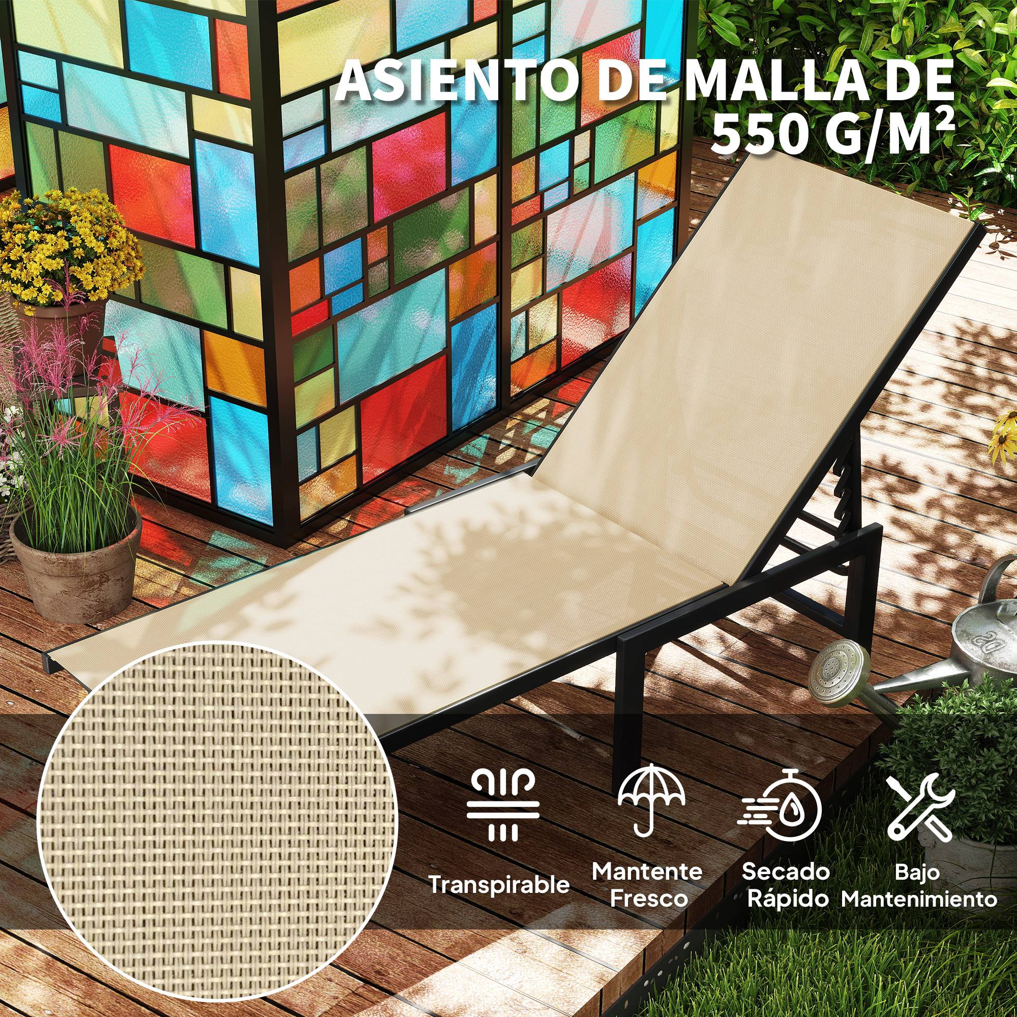 Chaise longue de jardin inclinable avec dossier réglable 4 positions et structure en acier 166 x 60 x 84 cm Kaki - Image 7