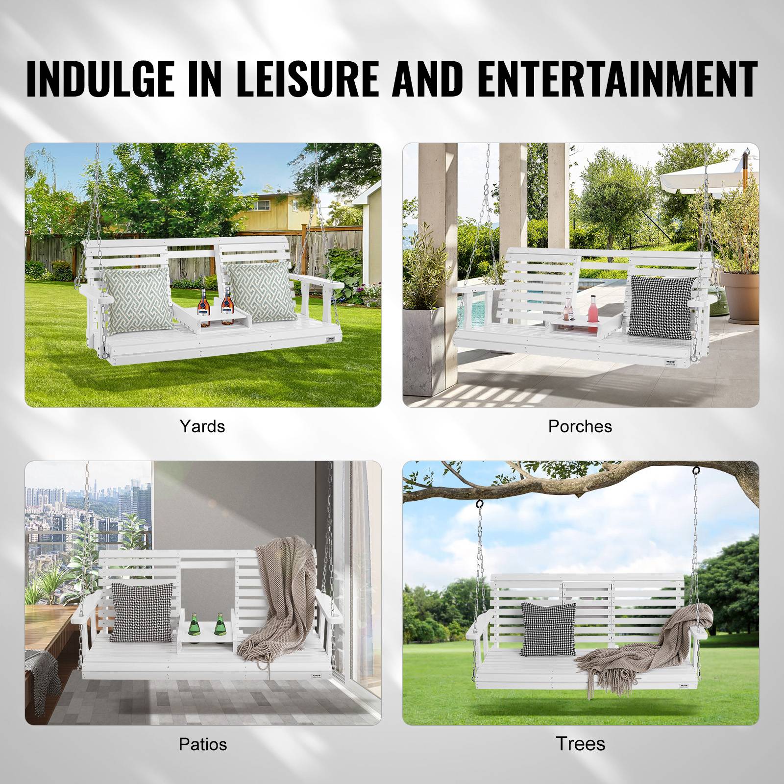 Vevor - VEVOR Balançoire porche bois 1523x710x600 mm, charge 400 kg. Chaines suspension, terrasse, blanc. - Image 6