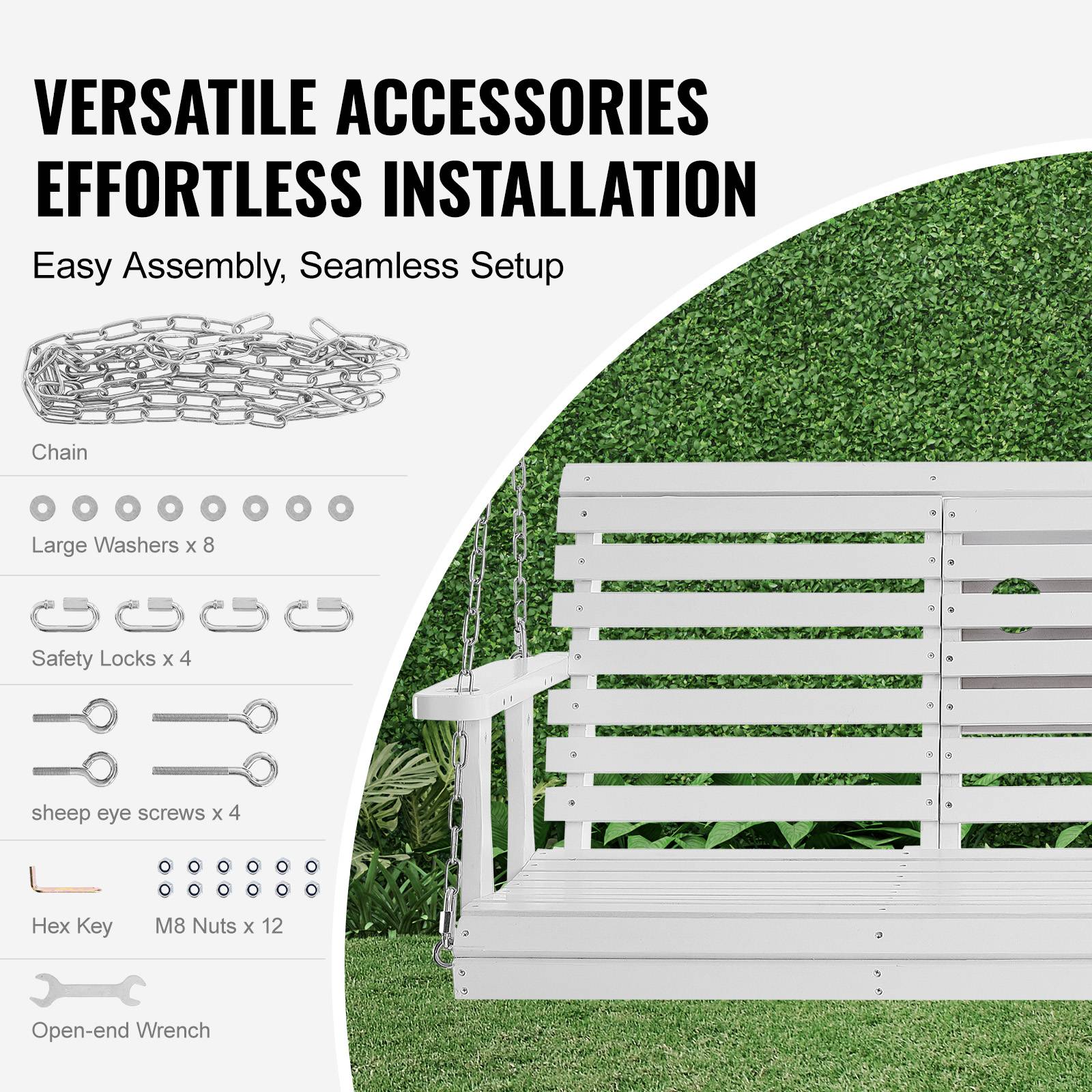 Vevor - VEVOR Balançoire porche bois 1523x710x600 mm, charge 400 kg. Chaines suspension, terrasse, blanc. - Image 5