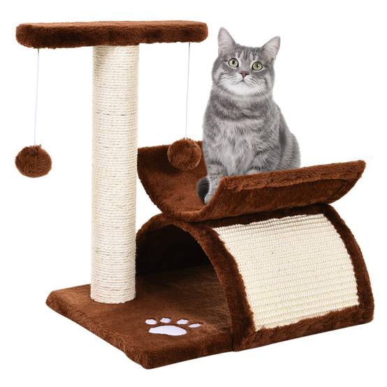 Petit Arbre à Chat Tunnel Bois pour Petits Chats Grimper Jouer 43cm Marron - ComfortXL Outdoor Living - Image 1