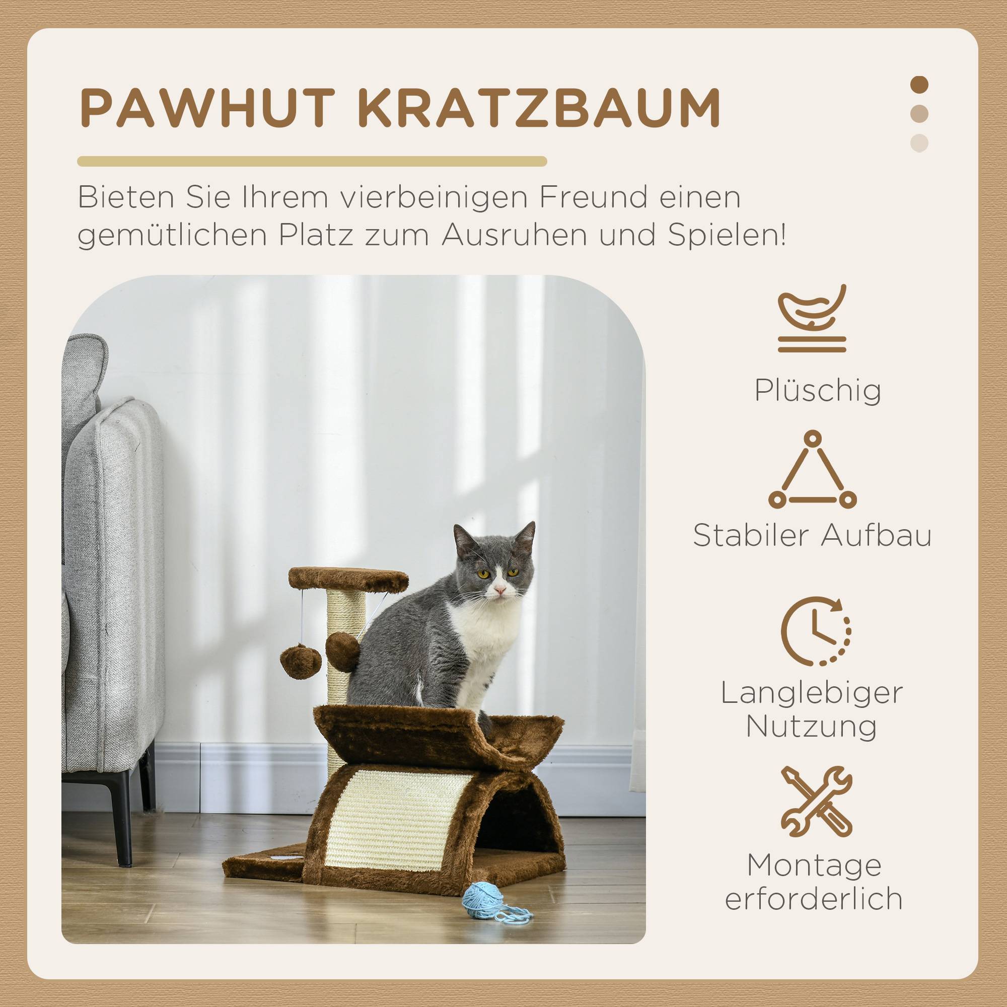 Petit Arbre à Chat Tunnel Bois pour Petits Chats Grimper Jouer 43cm Marron - ComfortXL Outdoor Living - Image 6
