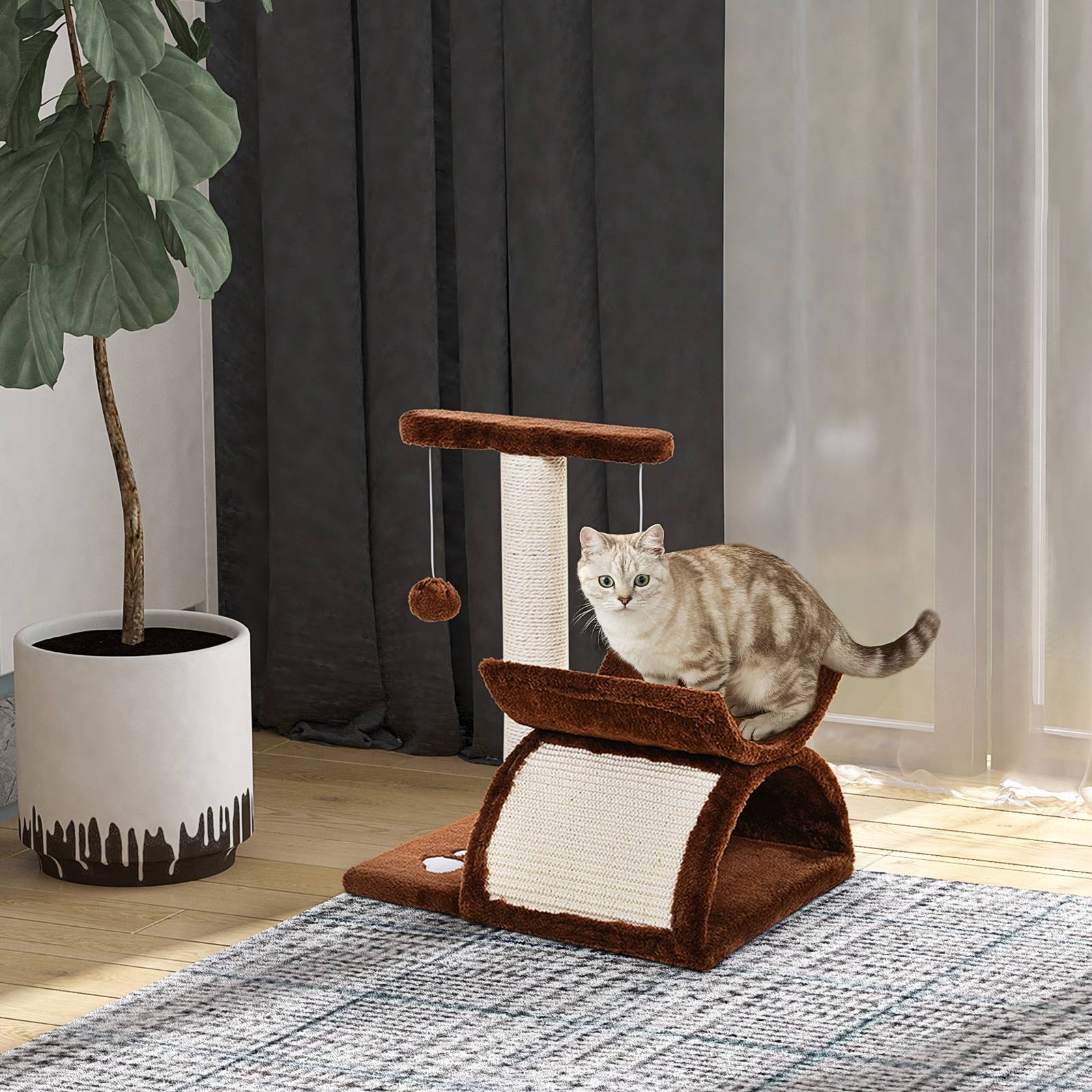 Petit Arbre à Chat Tunnel Bois pour Petits Chats Grimper Jouer 43cm Marron - ComfortXL Outdoor Living - Image 4