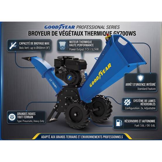 Goodyear - Broyeur de Végétaux Thermique 7CV 212 cm³, Coupe Ø100 mm max, 2 Lames Réversibles, Démarrage Manuel GOODYEAR - Image 2